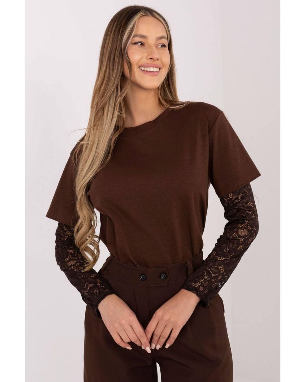 Love Lace Brown Everyday Cotton Blend Lace Sleeve Blouse