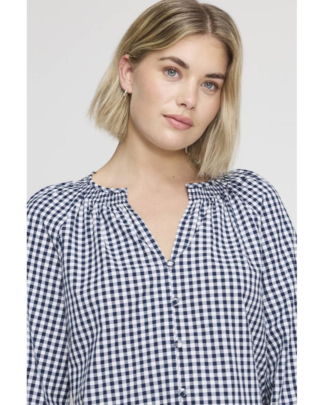 Finery London Blue Sandy Cotton Gingham Long Sleeve Blouse