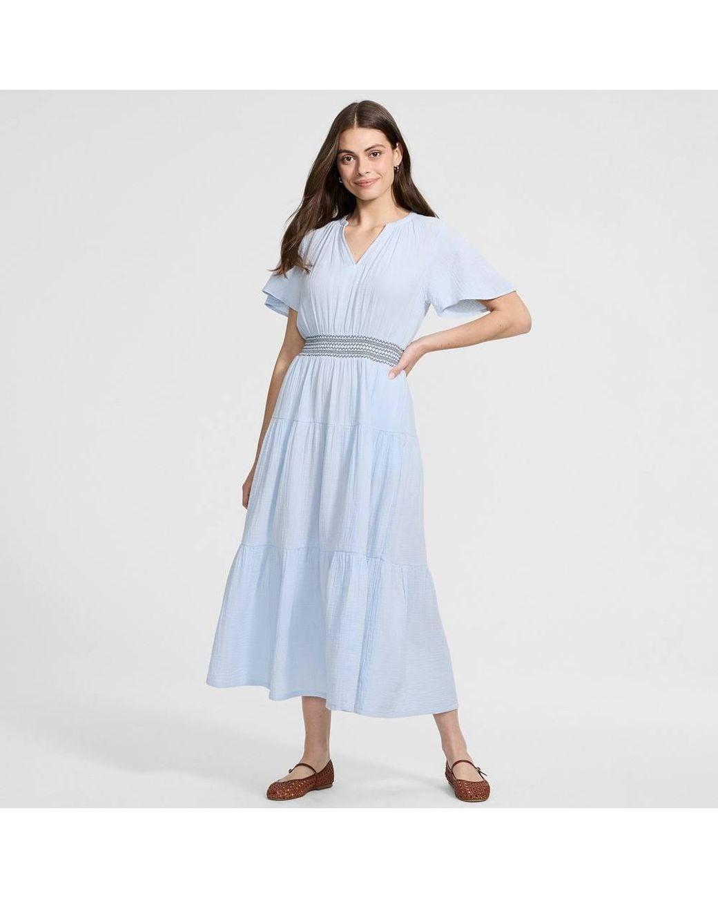 Lands' End Blue Cheesecloth Tiered Dress