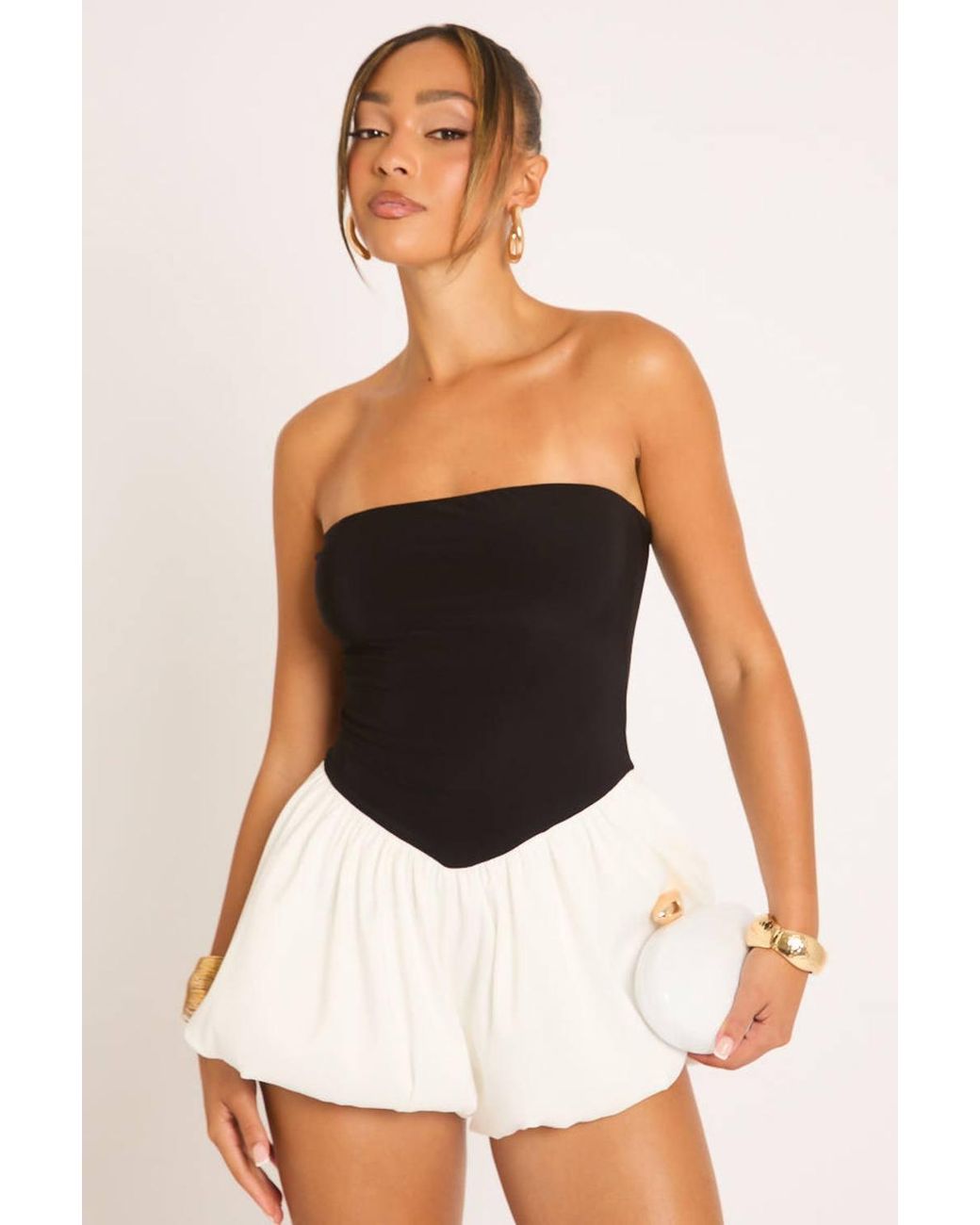 Rebellious Fashion Black Bandeau Contrast Puffball Playsuit