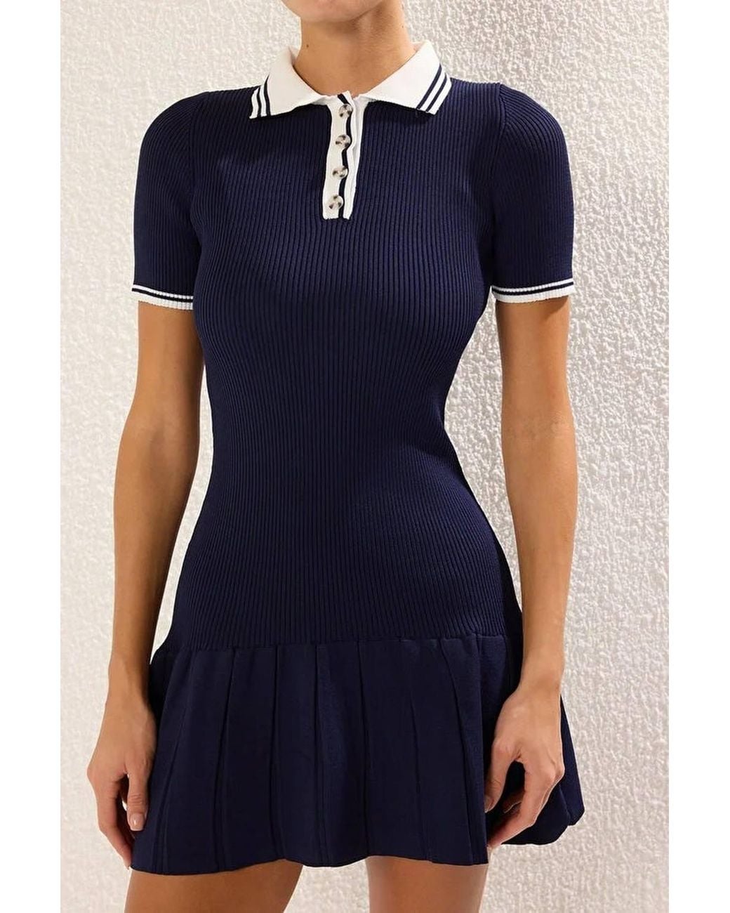 WOVCOR Blue Ribbed Collared Pleated Mini Knit Dress