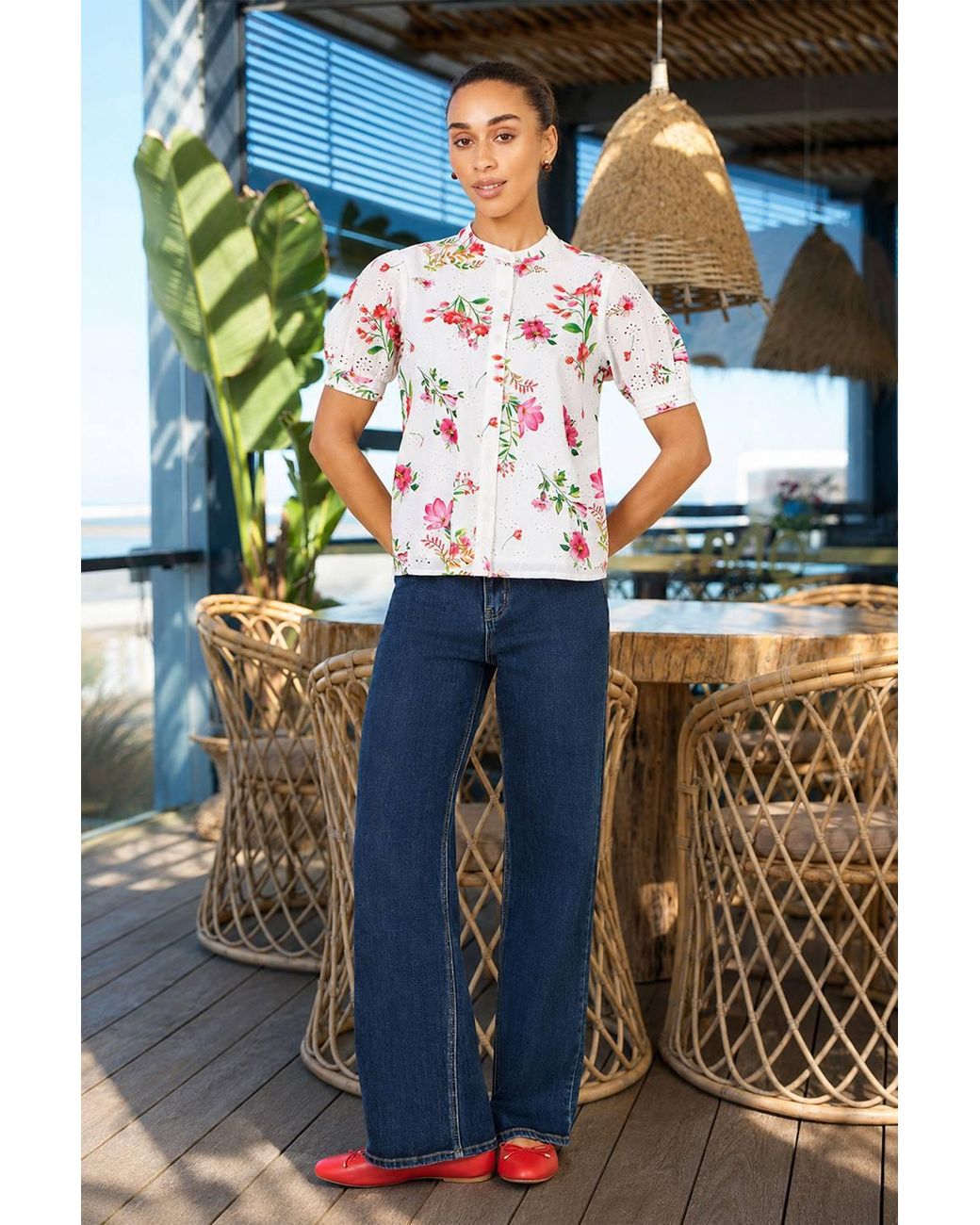Yumi' Blue Cotton Broderie Anglaise Floral Shirt