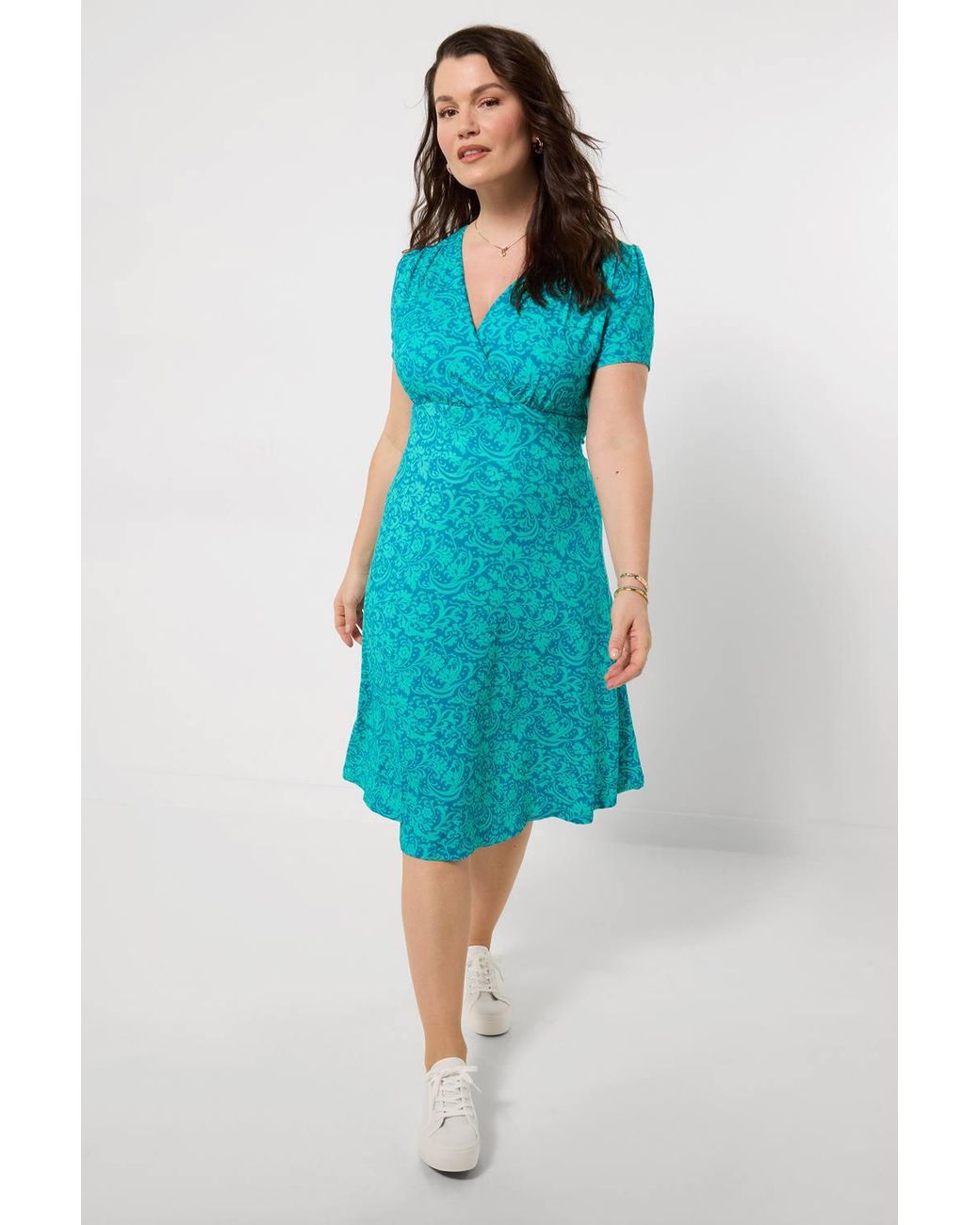 Joe Browns Blue Wrap Neck Jersey Dress With Floaty Hem & Underbust Seam