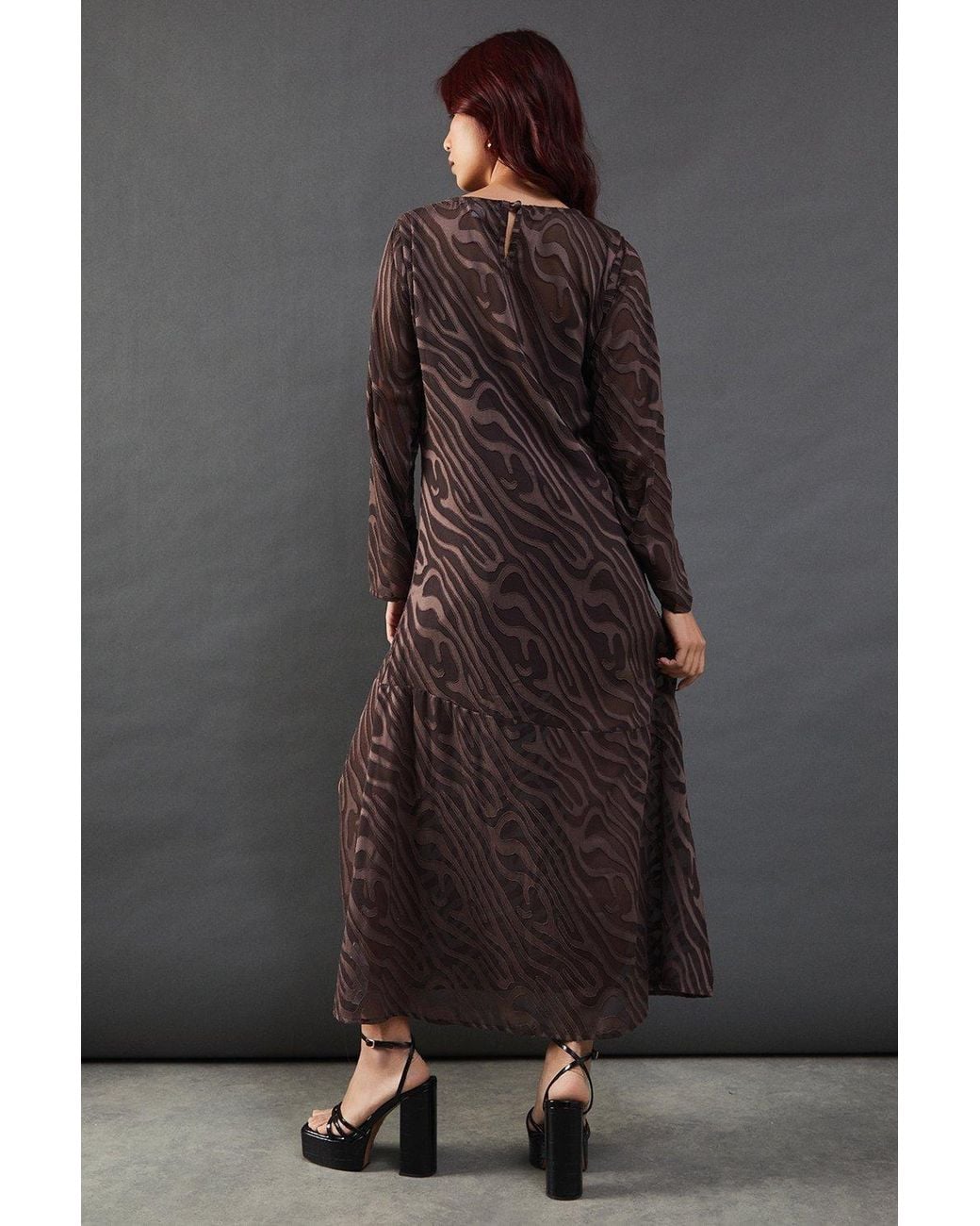 Warehouse Black Petite Burnout Chiffon Column Long Sleeve Maxi Dress
