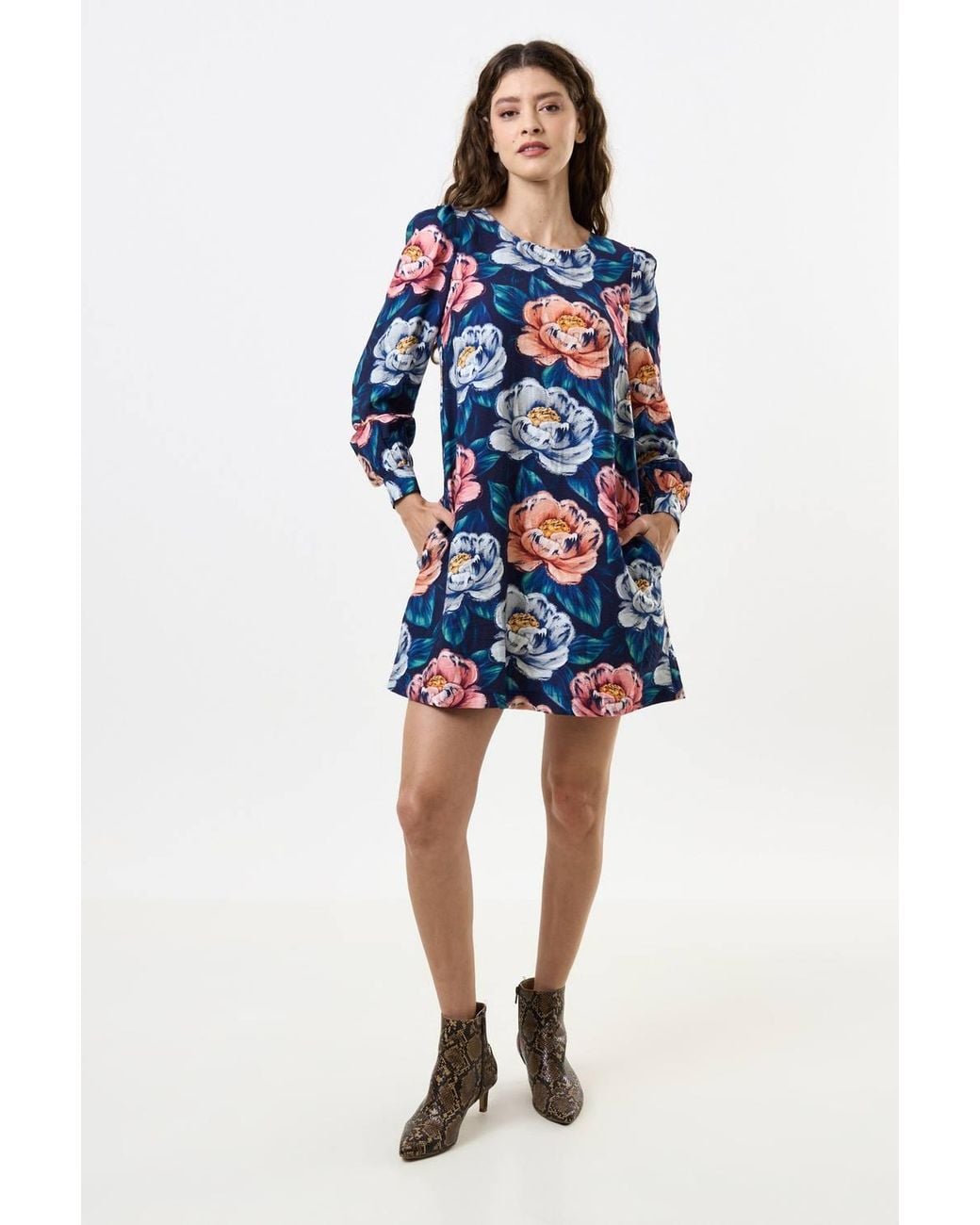 Louche Blue Didee Peonies Long Sleeve A-Line Mini Dress