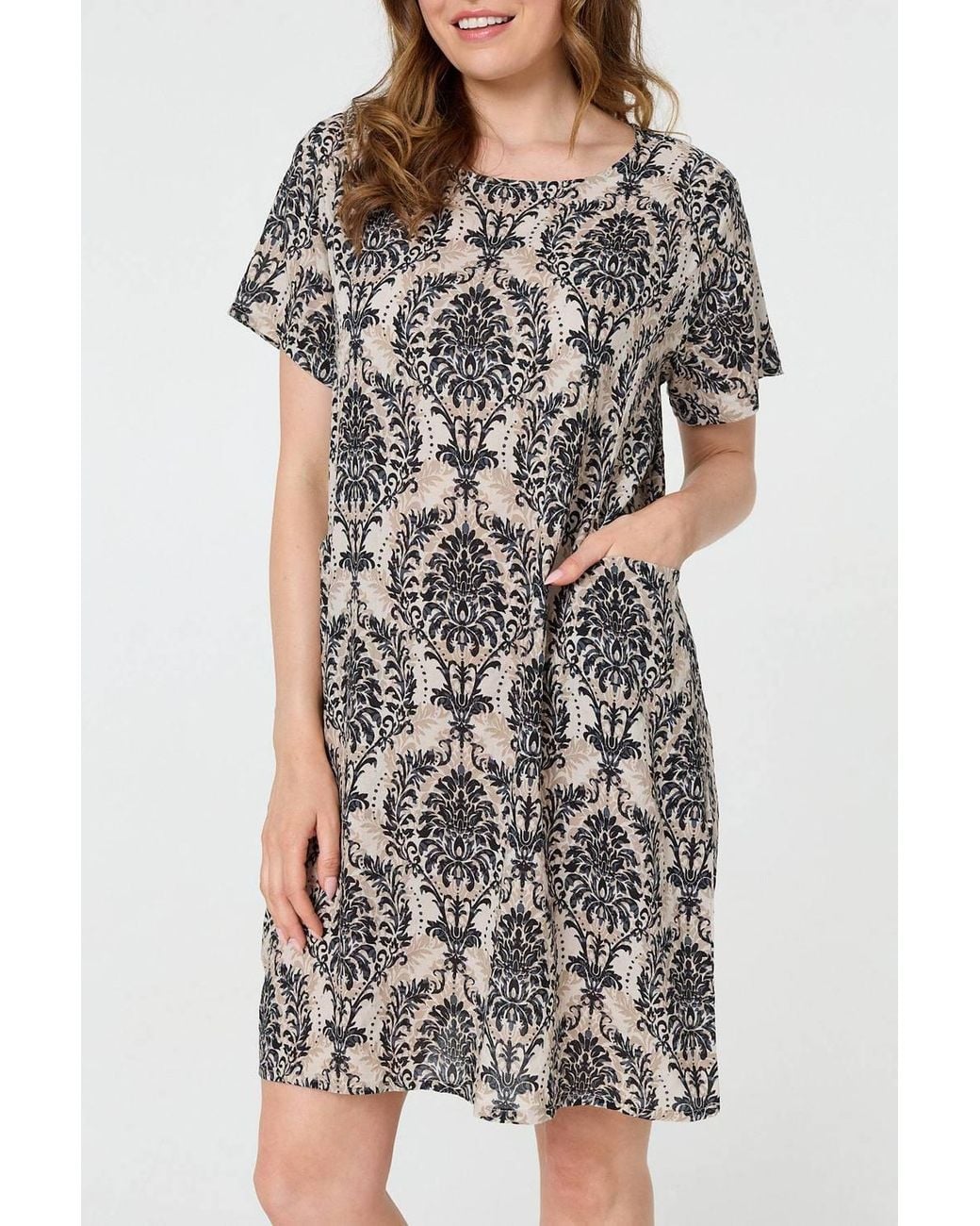 Izabel London Blue Baroque Print Relaxed Short Shift Dress