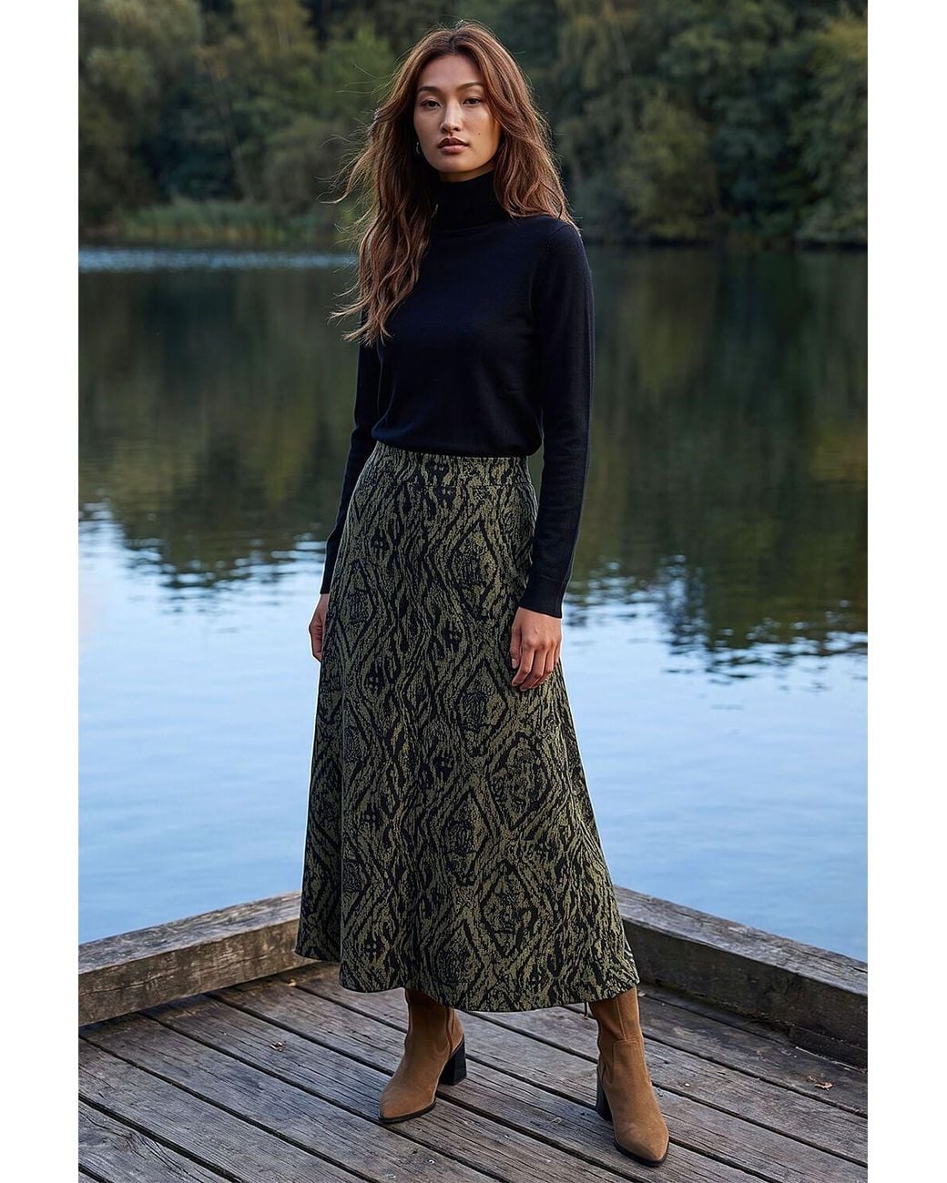 Roman Black Abstract Diamond Print Midi Skirt