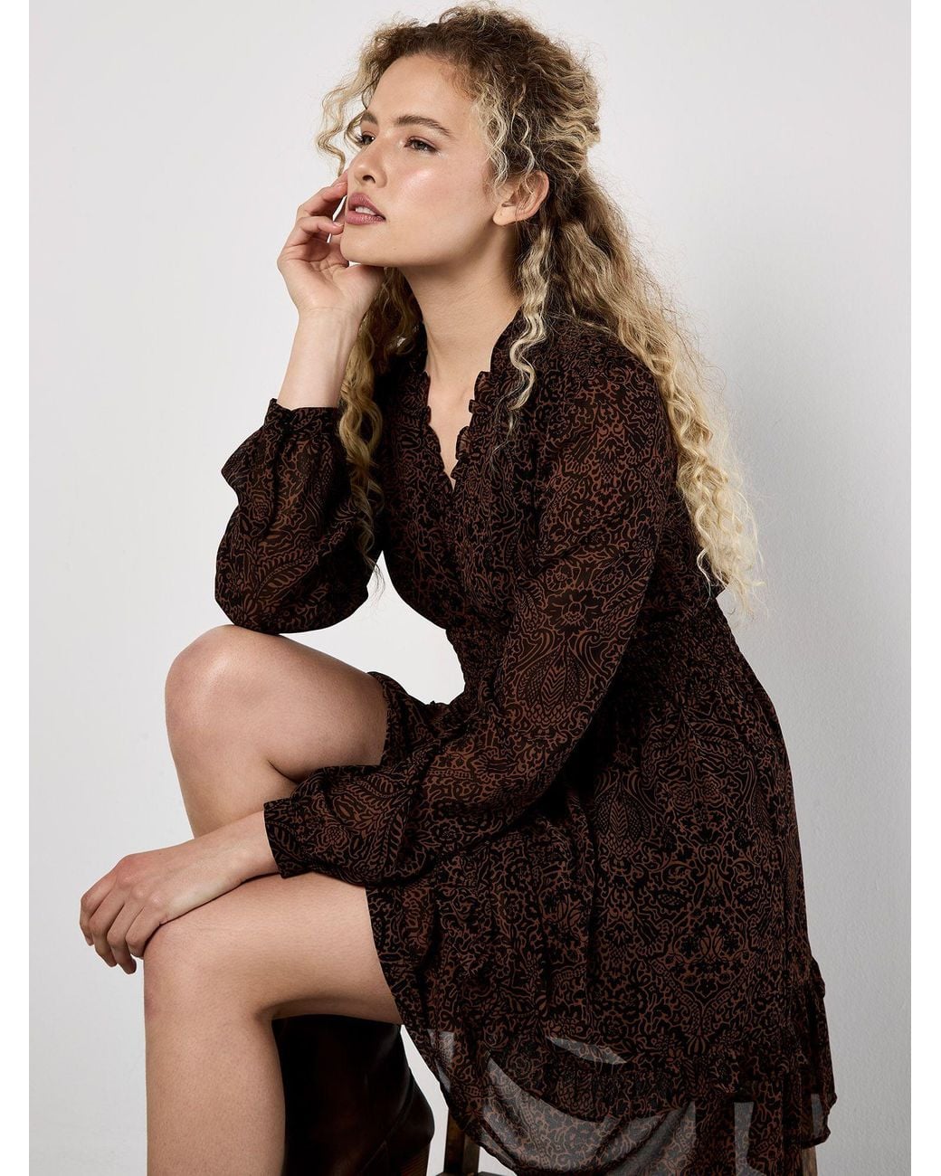Apricot Black Paisley Mini Dress