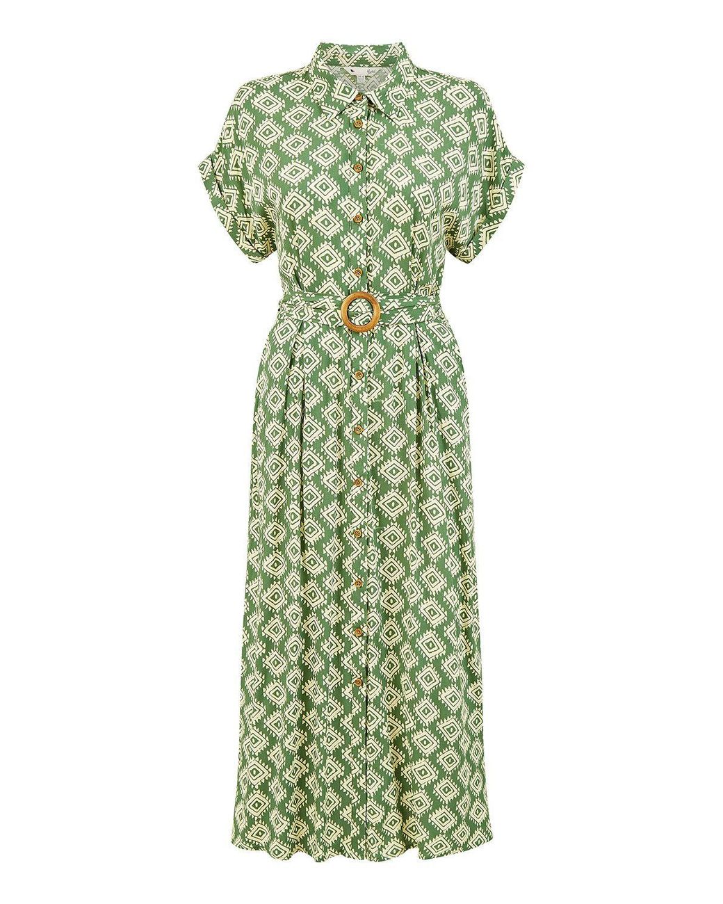 Yumi' Green Viscose Midi Shirt Dress With Matching Belt