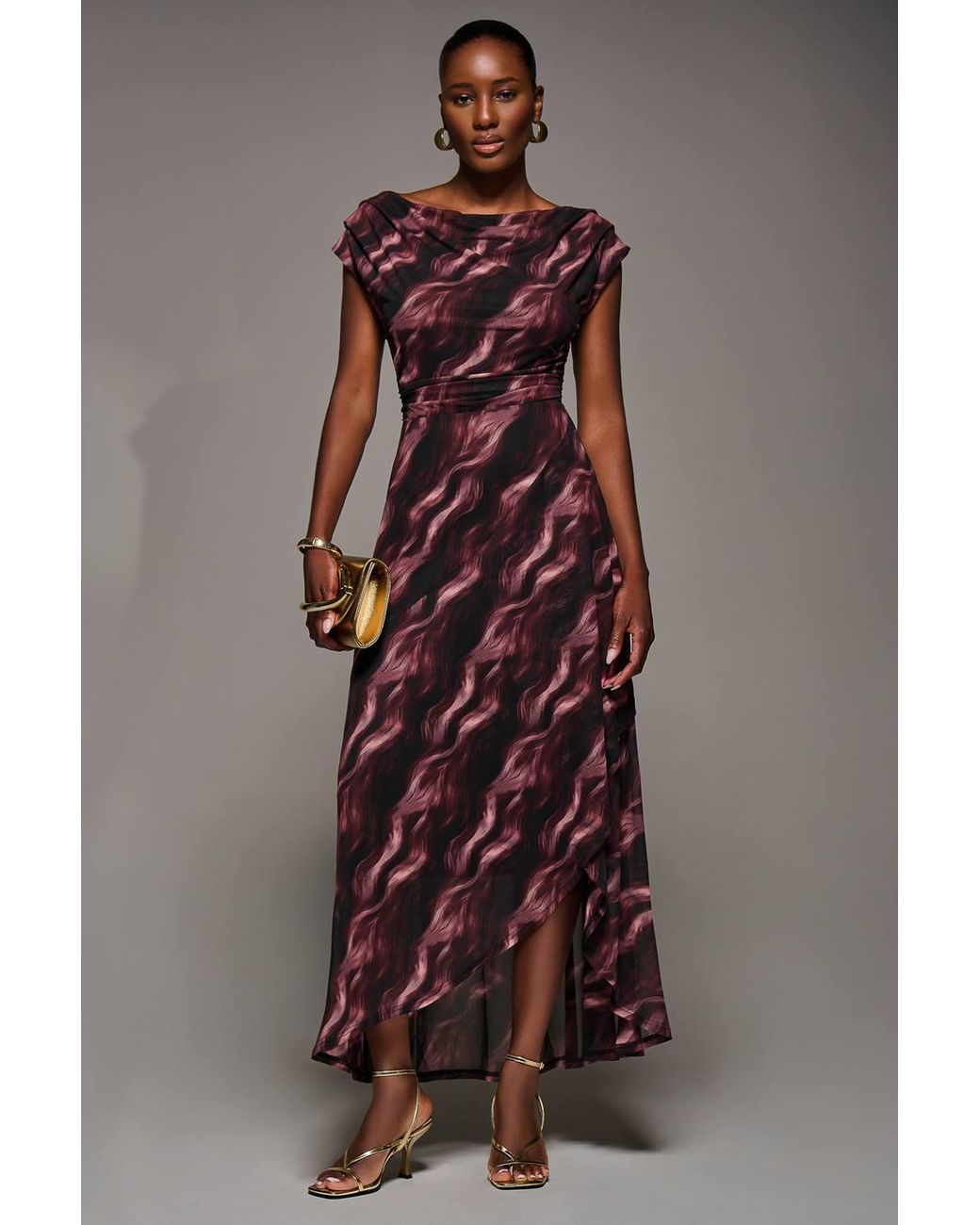 Jolie Moi Brown Asymmetric Draped Mesh Maxi Dress