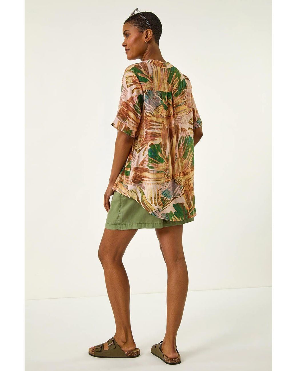 Roman Brown Abstract Print V-Neck Button Top