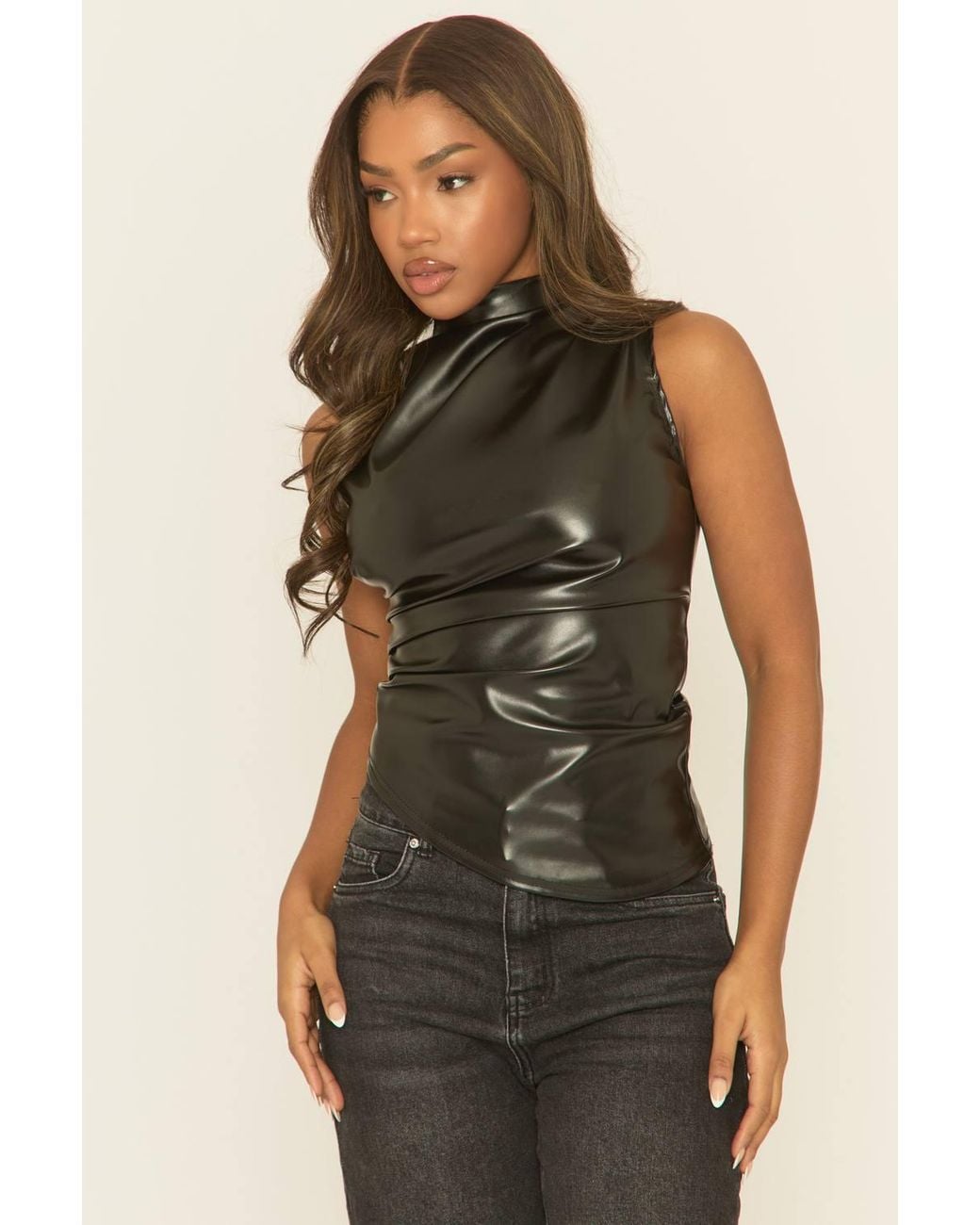 Rebellious Fashion Black Faux Leather Ruched Top