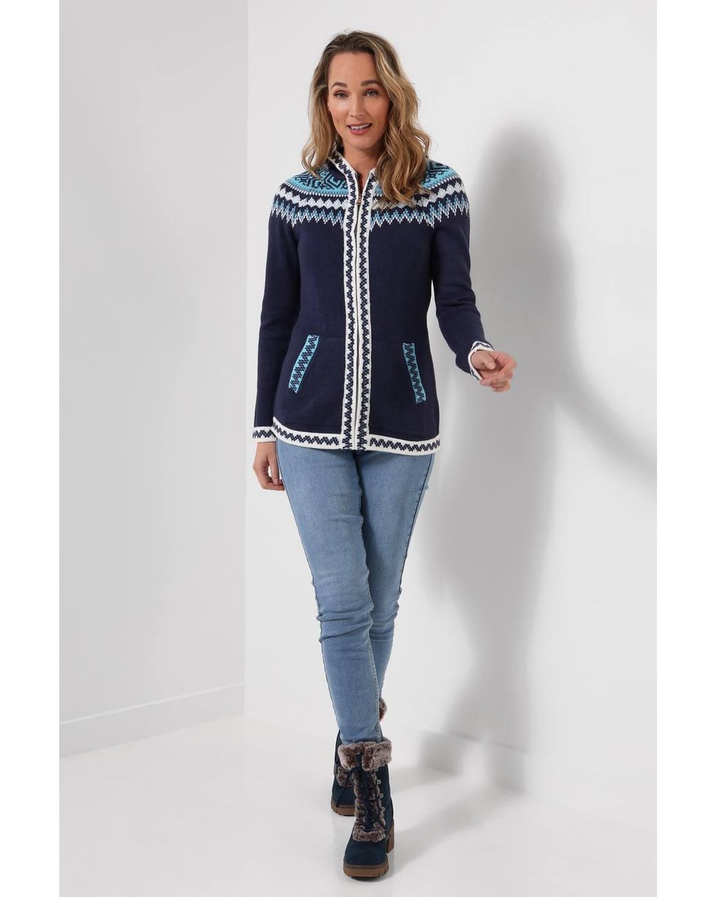 Joe Browns Blue Trinnie Fairisle Zip Through Hooded Jumper