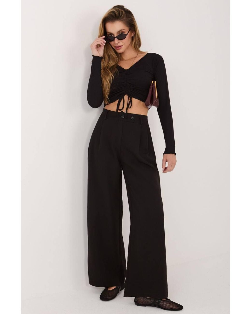 Love Lace Black Ribbed Viscose V-Neck Long Sleeve Blouse