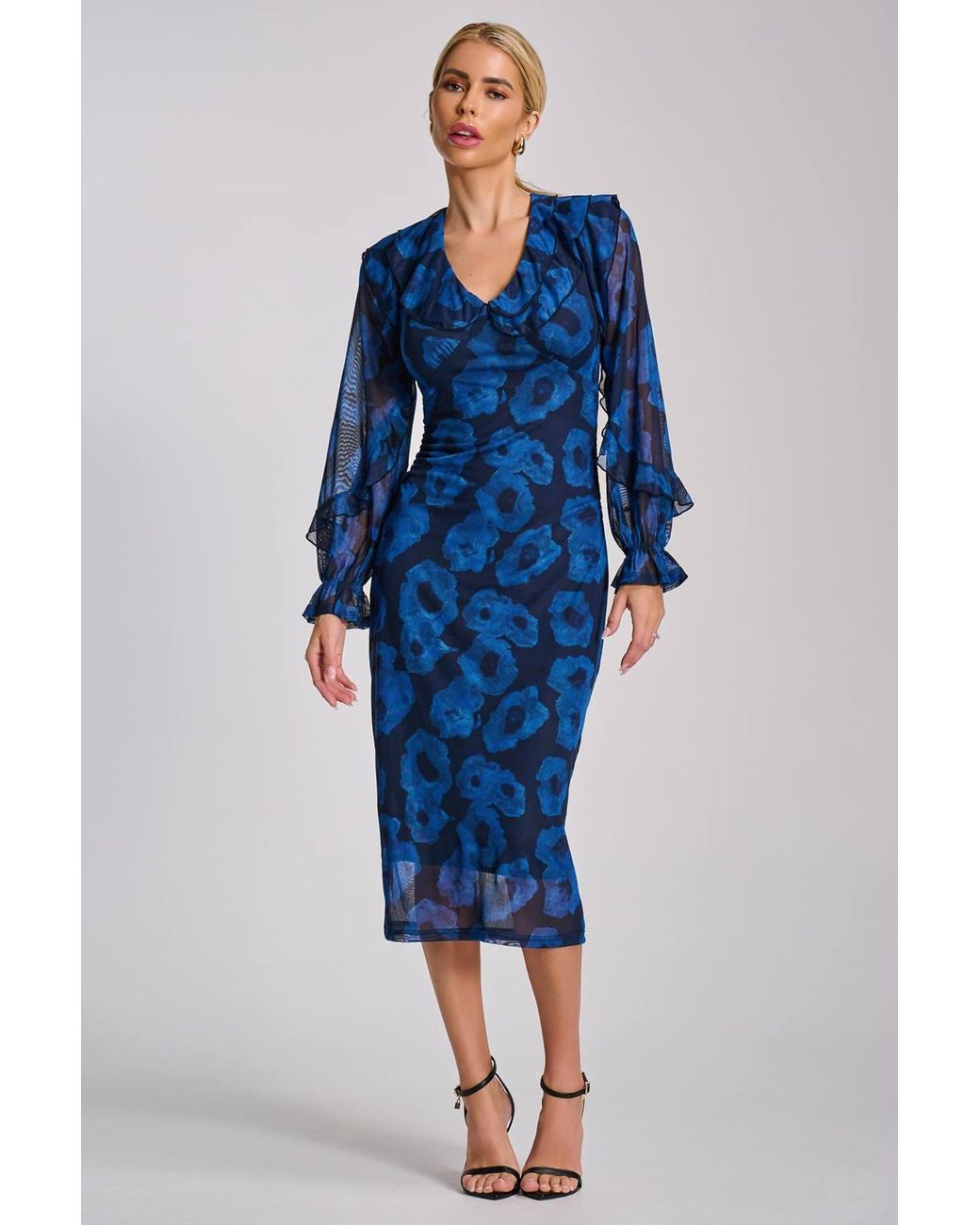 Jolie Moi Blue Long Sleeve Ruffle Detail Mesh Bodycon Dress
