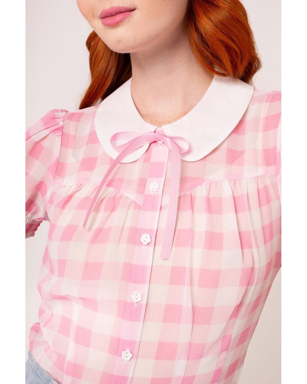Hell Bunny Pink Cindy Gingham Chiffon Blouse With Puff Sleeves & Bow Collar