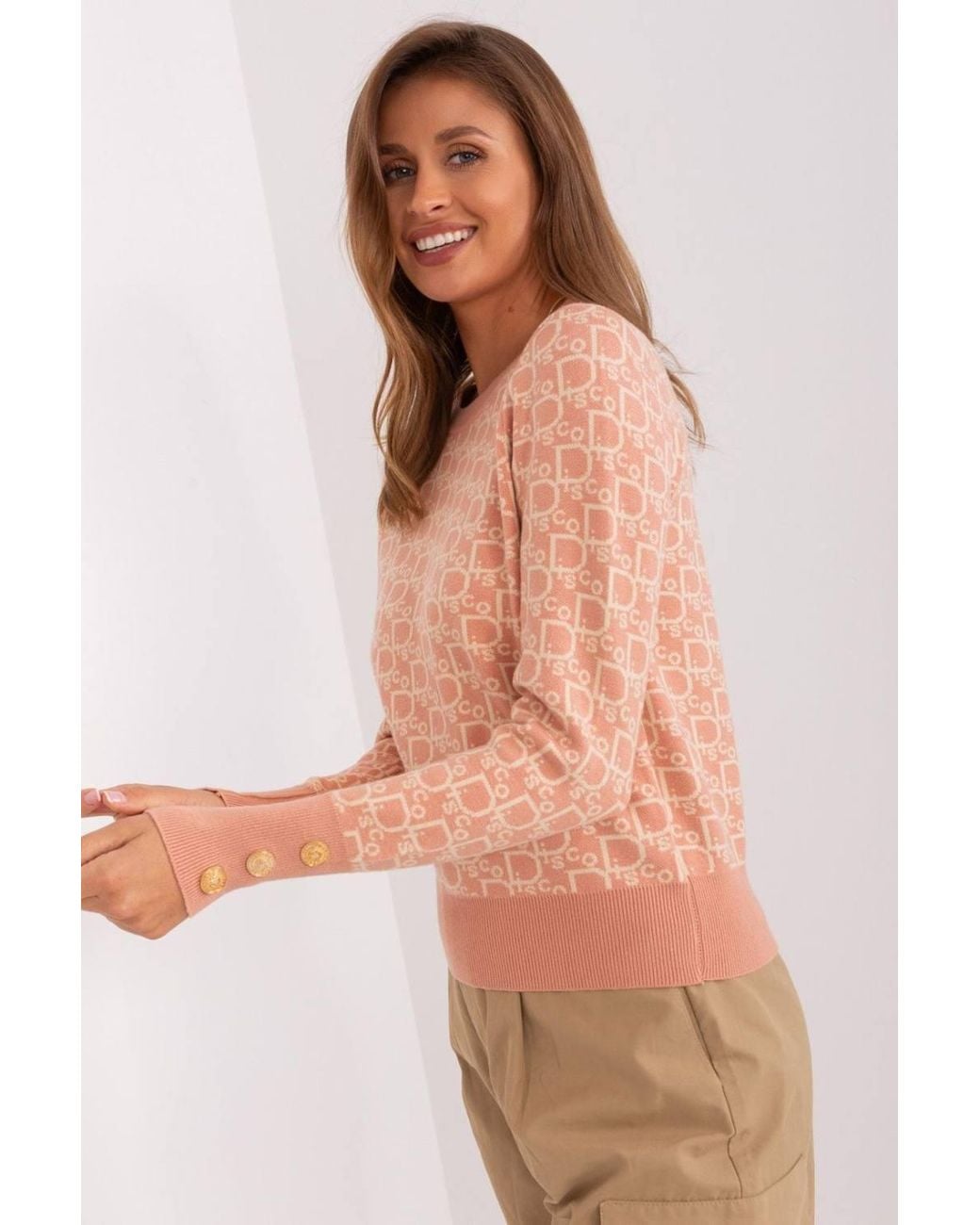 Love Lace Pink Round Neck Printed Sweater With Button Cuffs