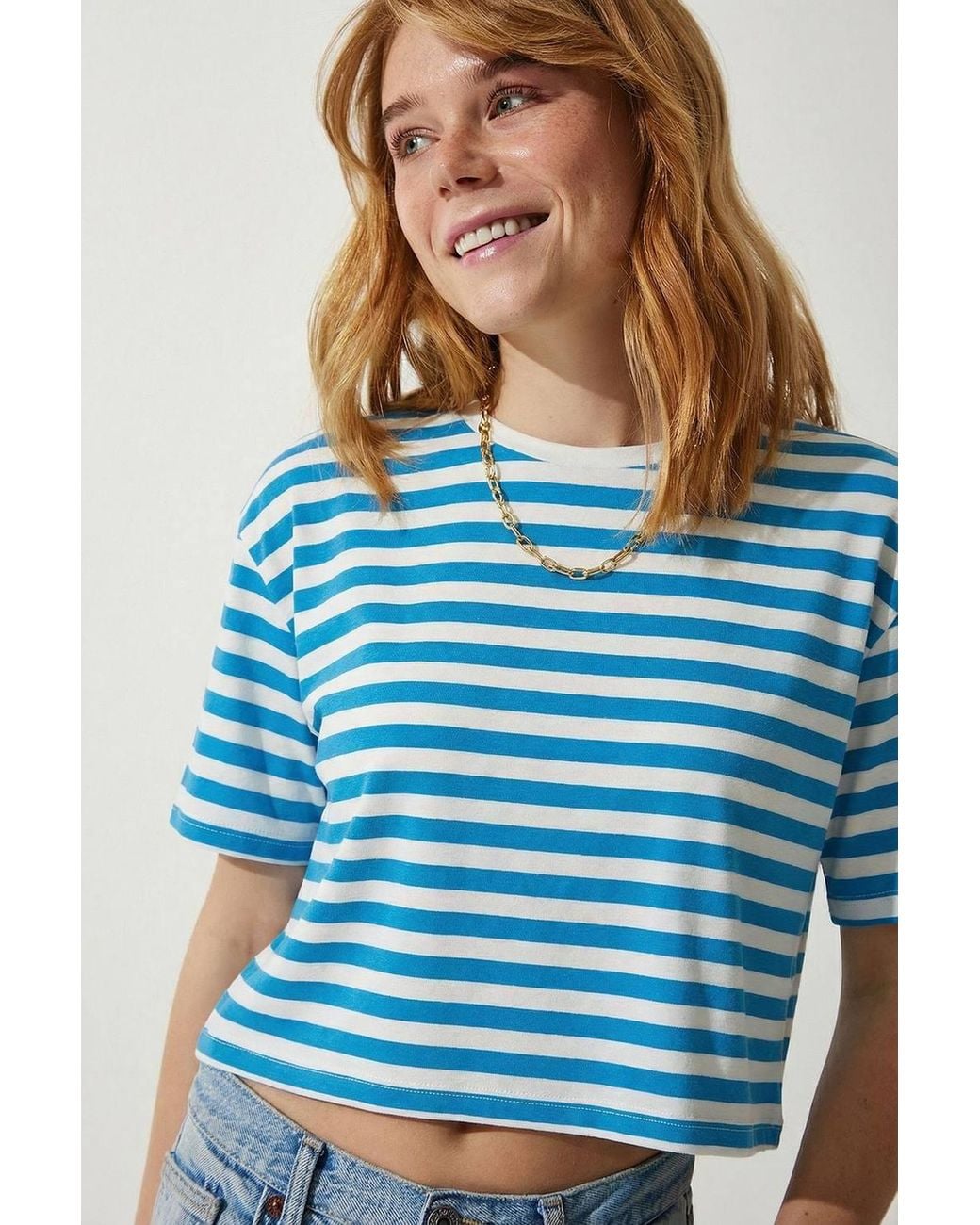 Happiness İstanbul Blue Oversized Striped Crop Crew-Neck T-Shirt