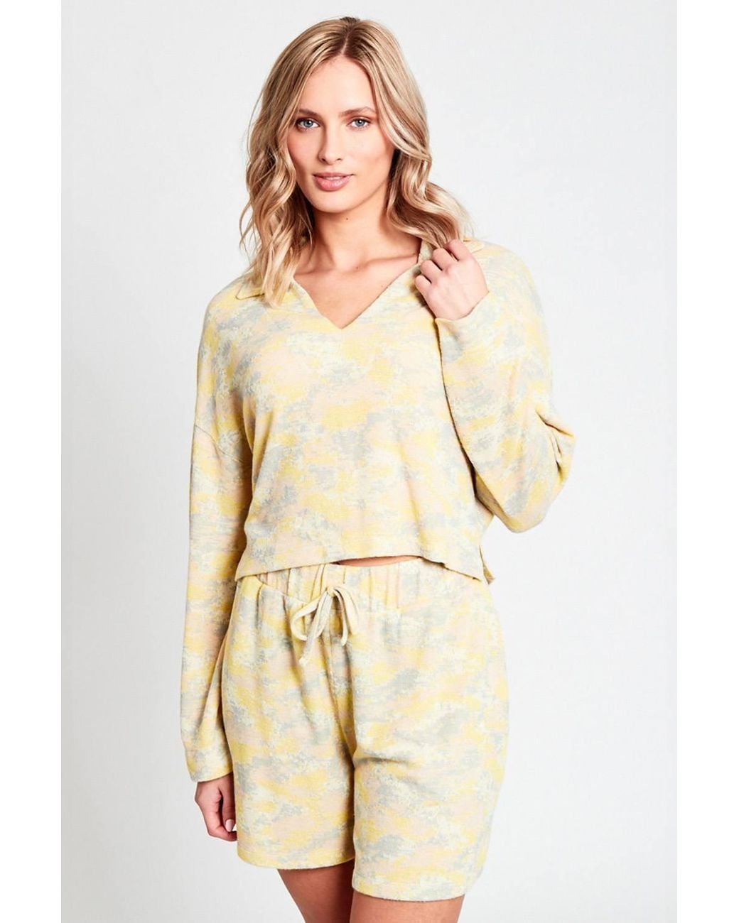 Native Youth Natural Abstract Print V-Neck Polo-Style Cropped Top