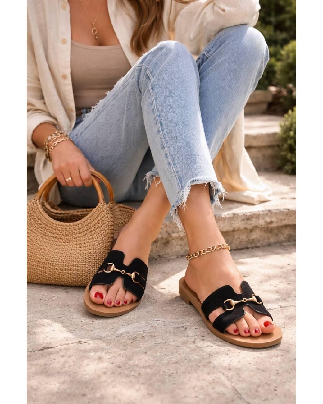 LARANGE Black Suede Slip-On Sandals Slides With Detail