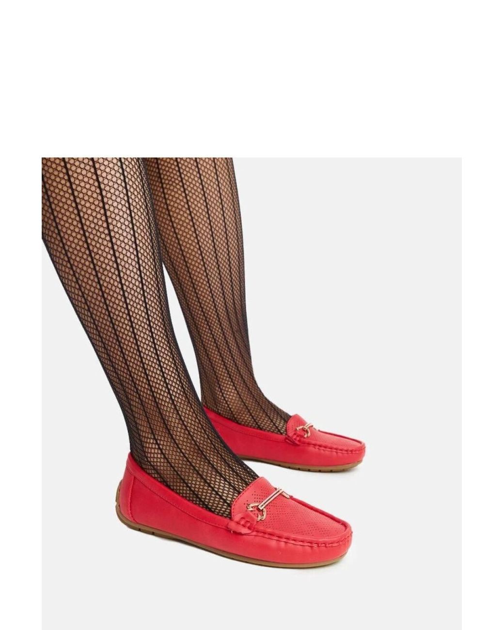 Love Lace Red Moccasin Slip On Flats With Drative Buckle & Rhinestones