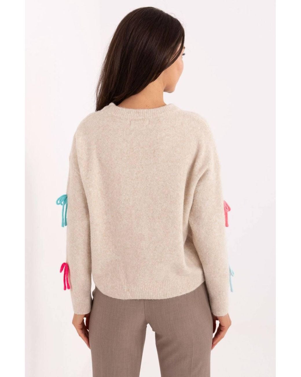 Love Lace Natural Casual Round Neck Sweater With Front Bows