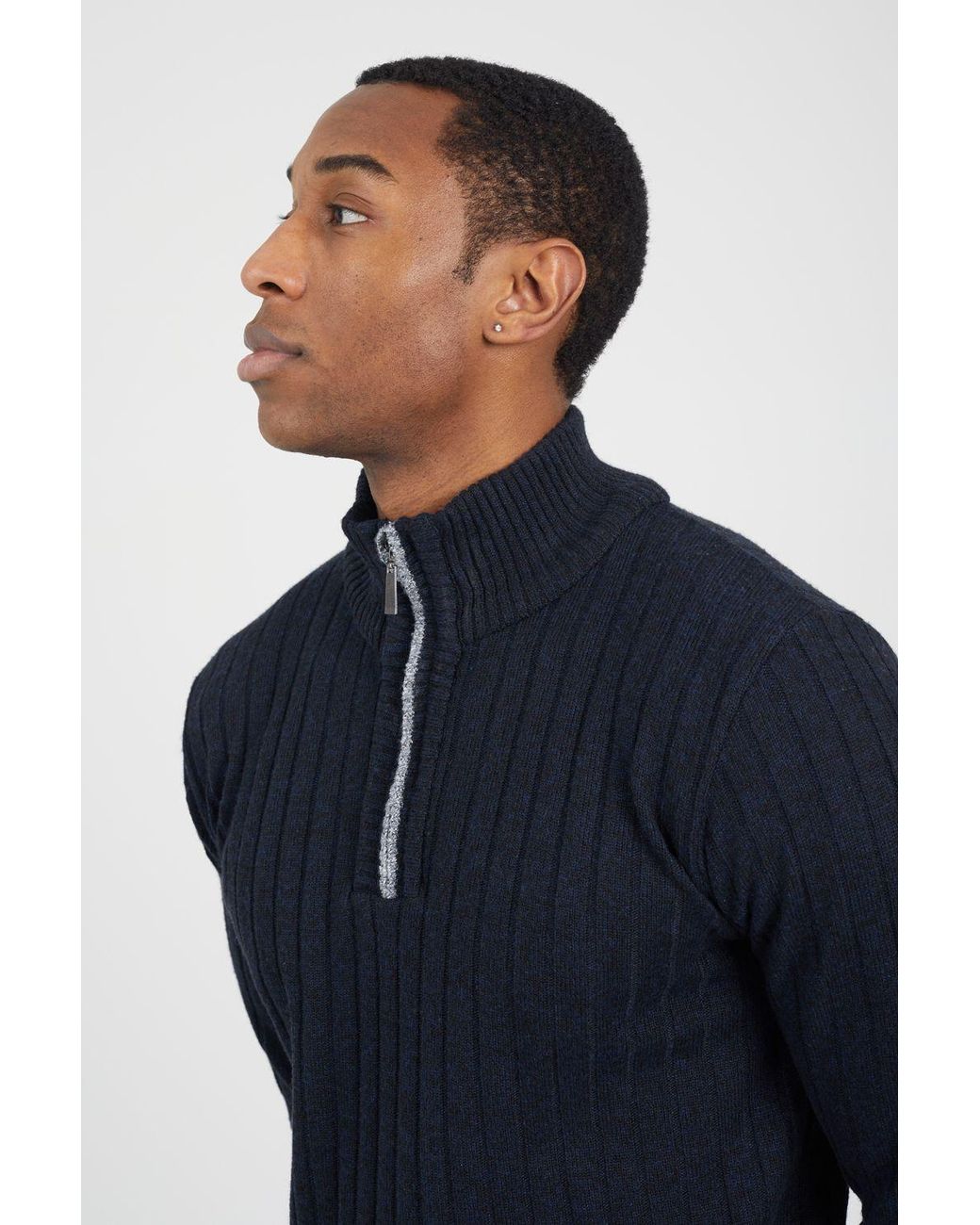 Brave Soul Blue Quarter Zip Funnel Neck Rib Knit Jumper for men