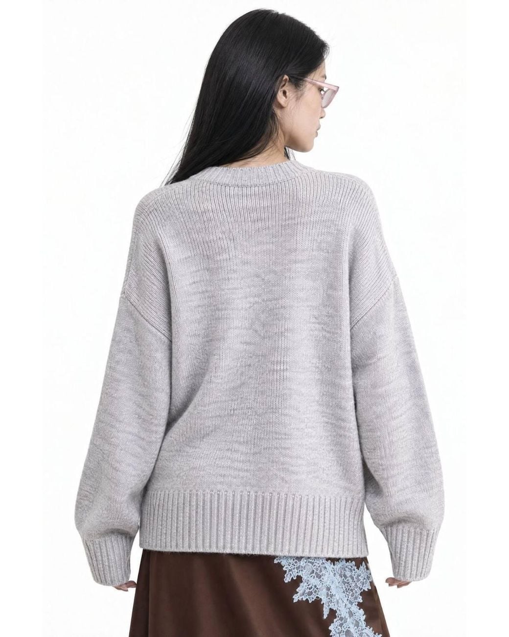 MixRay Gray Oversized Ribbed Knit Sweater With Crew Neck