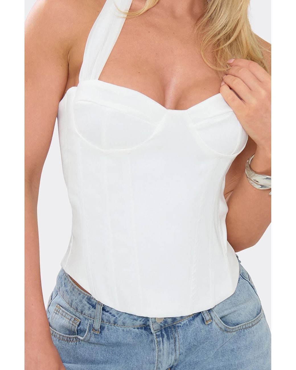 EGO White Corset Style Strappy Halter Neck Contrast Contrast Chiffon Corset Top
