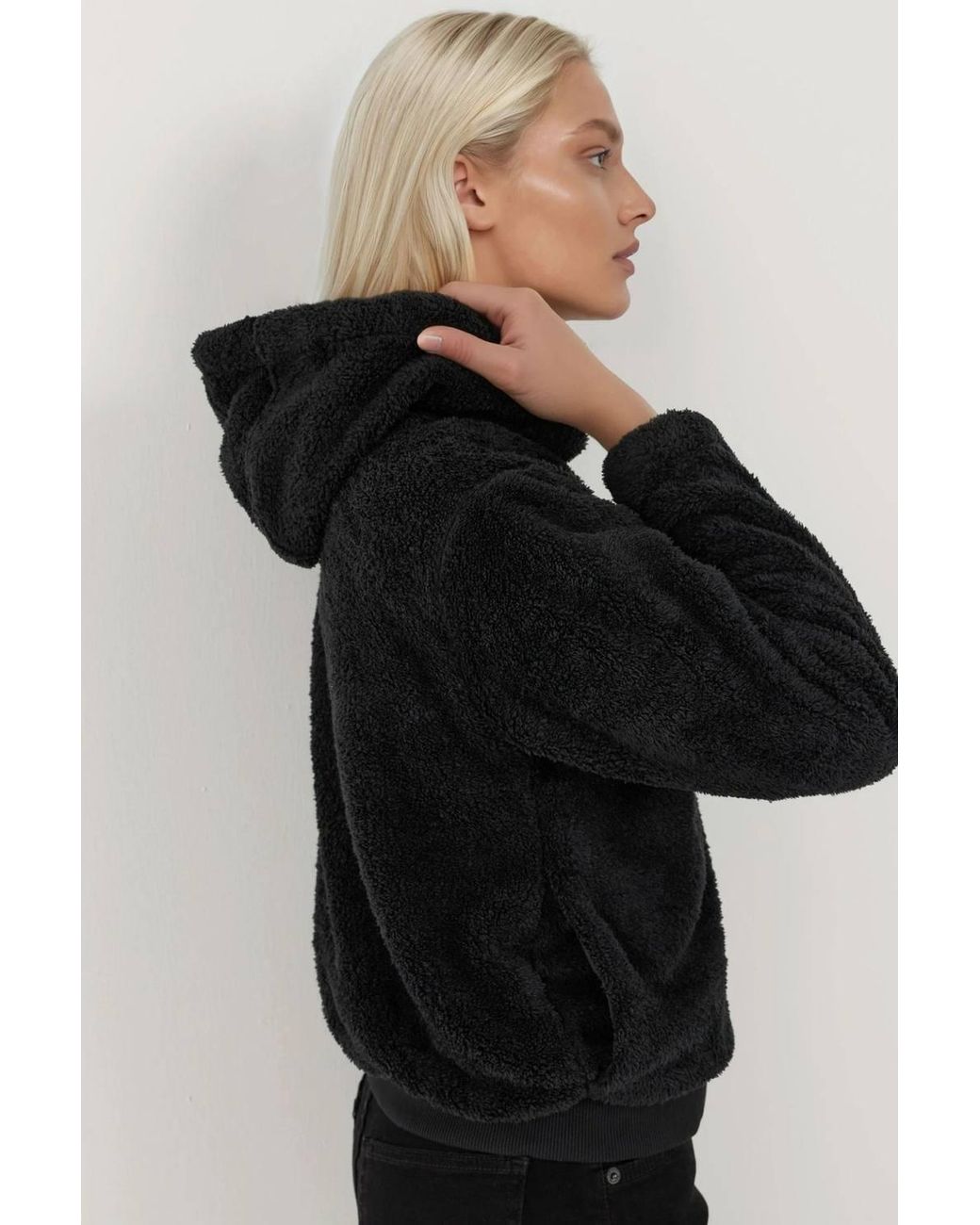 Hiccup Black Textured Full Zip Hooded Fleece Jacket