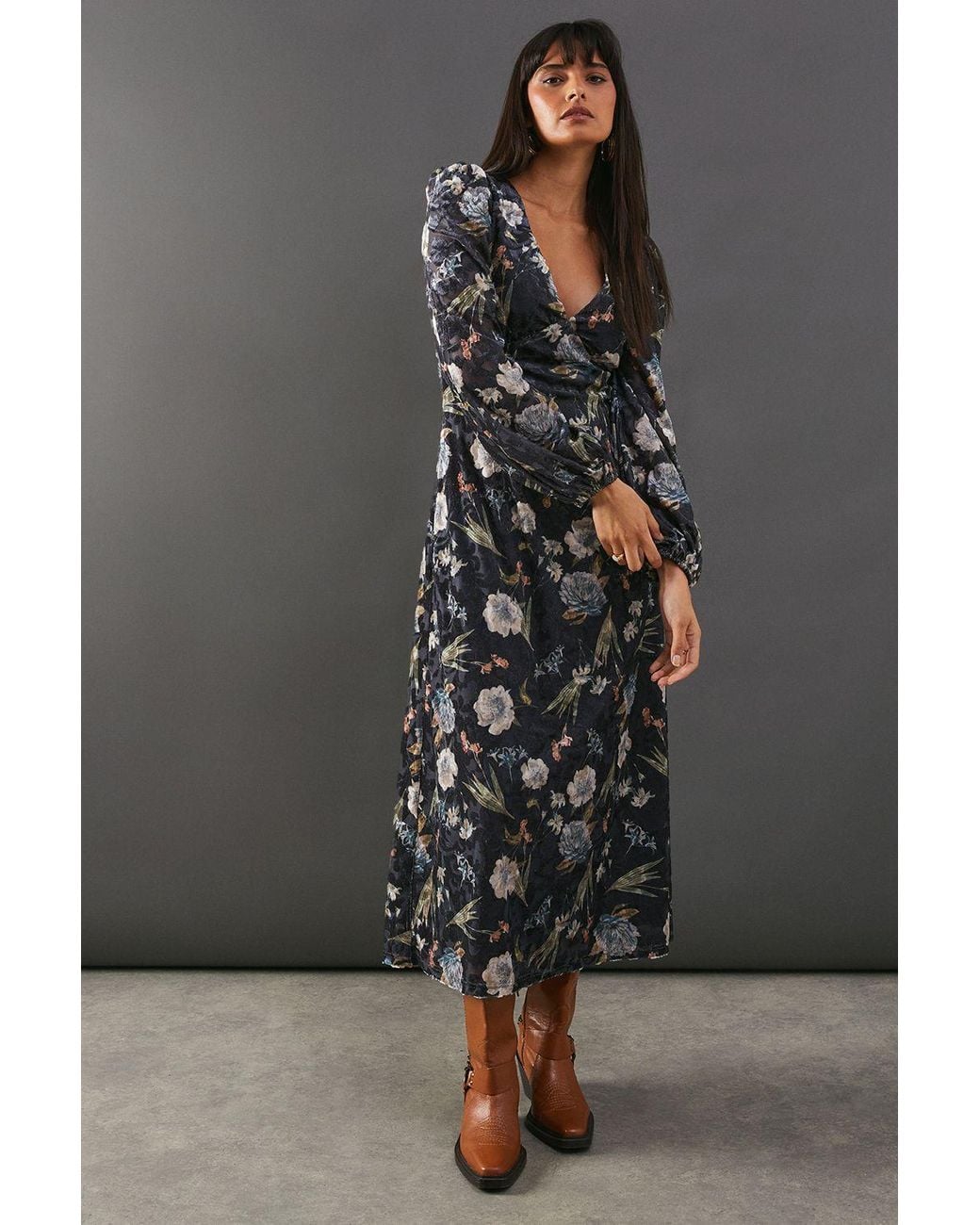Warehouse Gray Premium Printed Velvet V Neck Midi Tea Dress