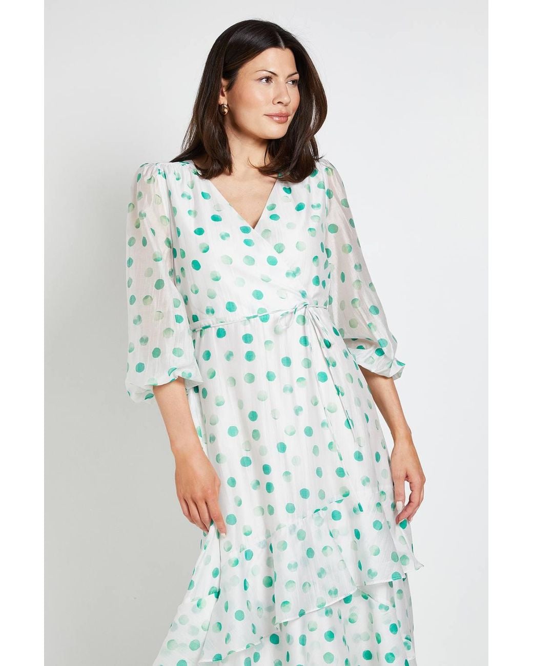 Wallis Green Polka Dot Ruffle Wrap Midi Dress