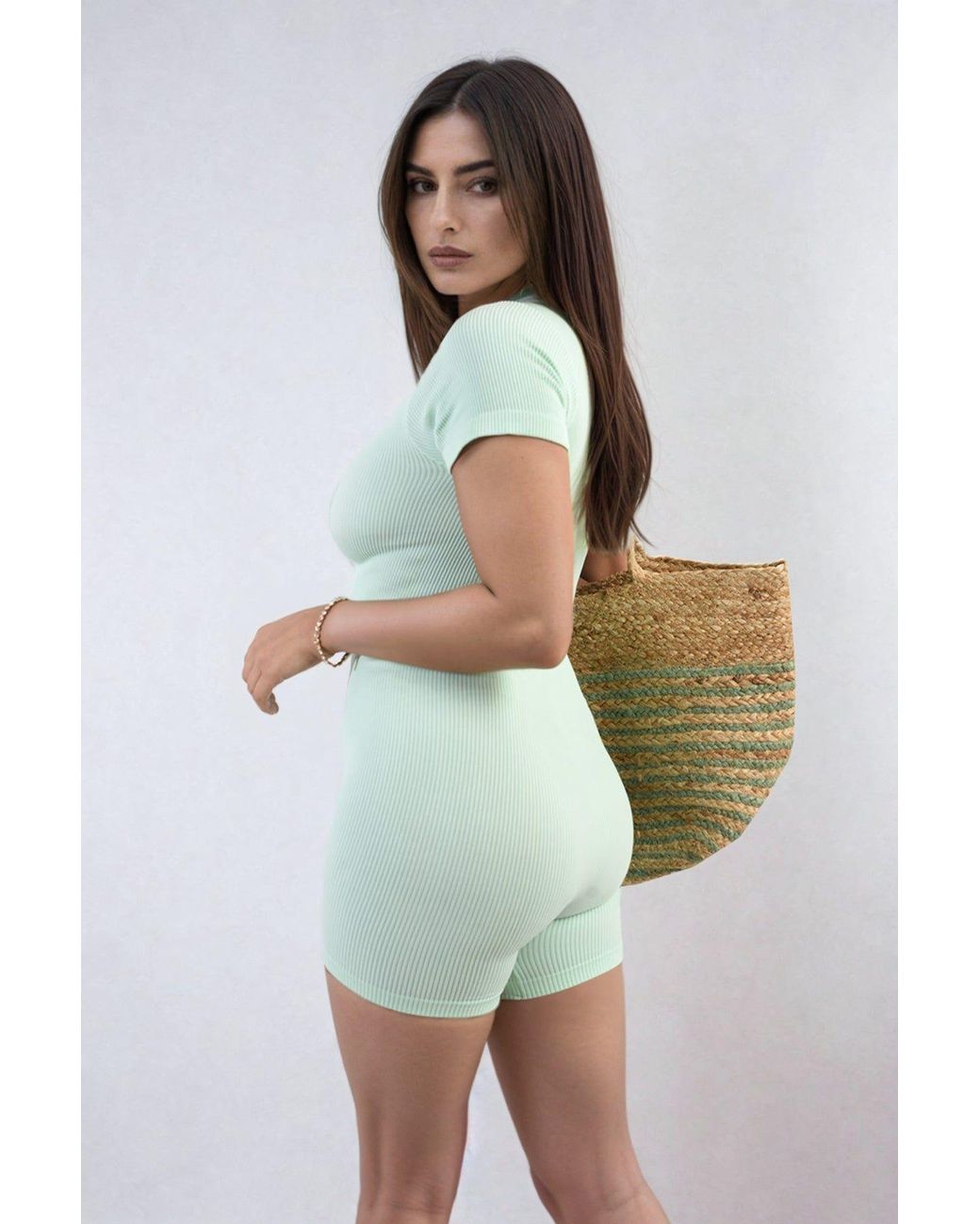 IKRUSH Brown Milena Rib Knit Zip Front Short Sleeve Playsuit