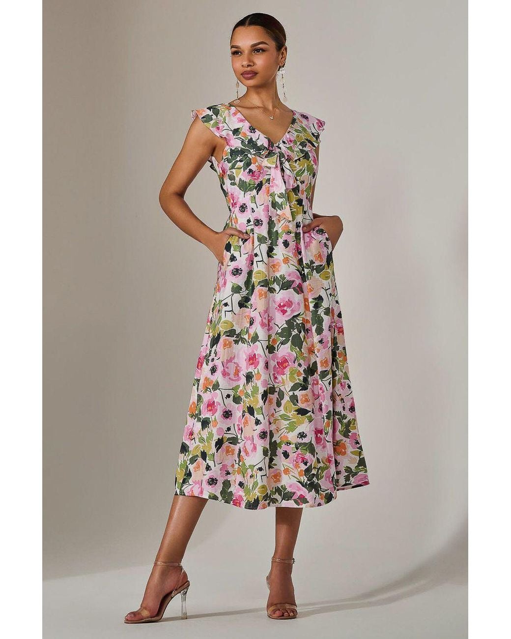 Jolie Moi Multicolor Frill V Neck Midaxi Dress