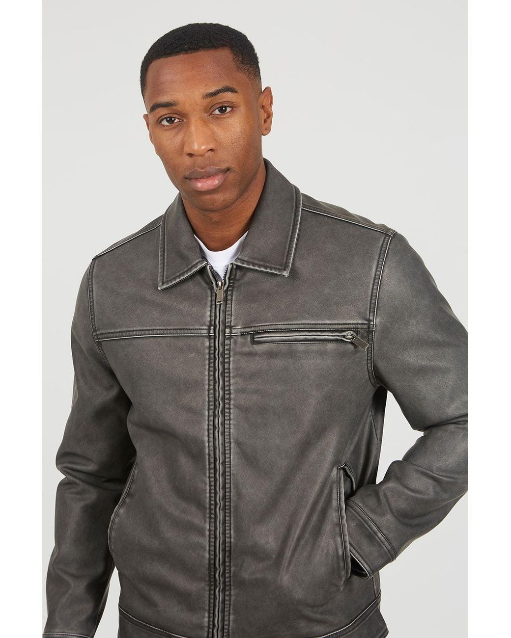 Brave Soul Gray Zip Through Vintage Pu Biker Jacket for men