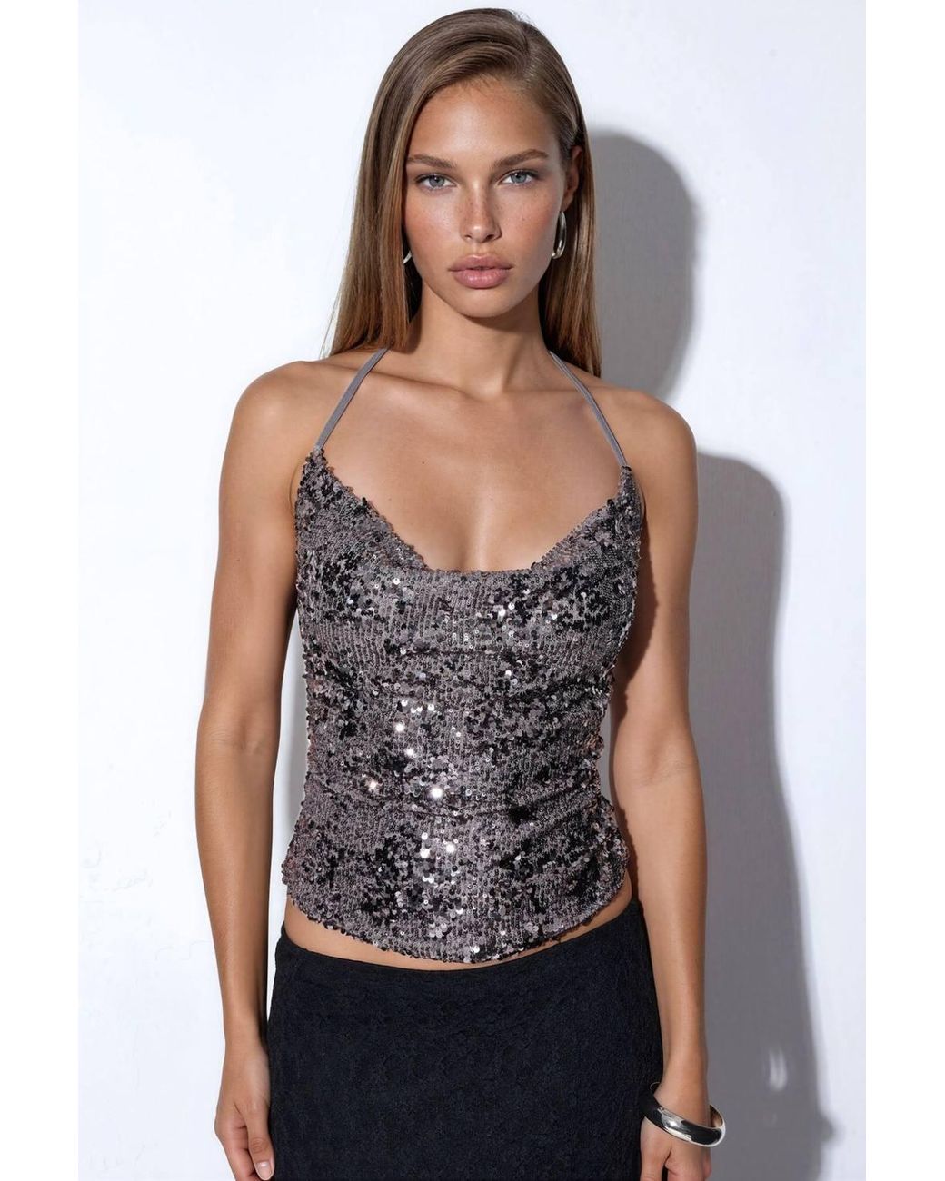 Busem Black Sequin Halterneck Crop Blouse