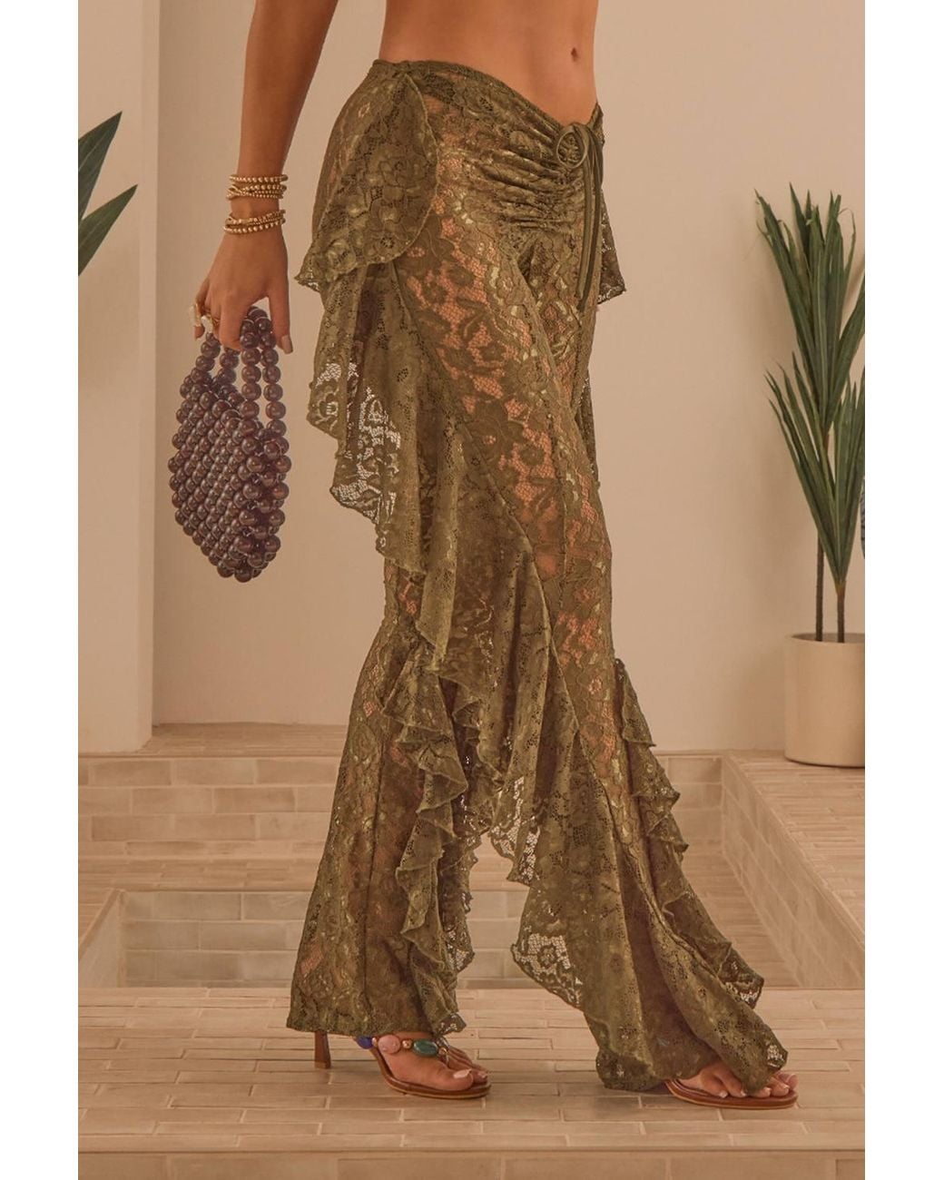 EGO Brown Ruched Lace Trousers