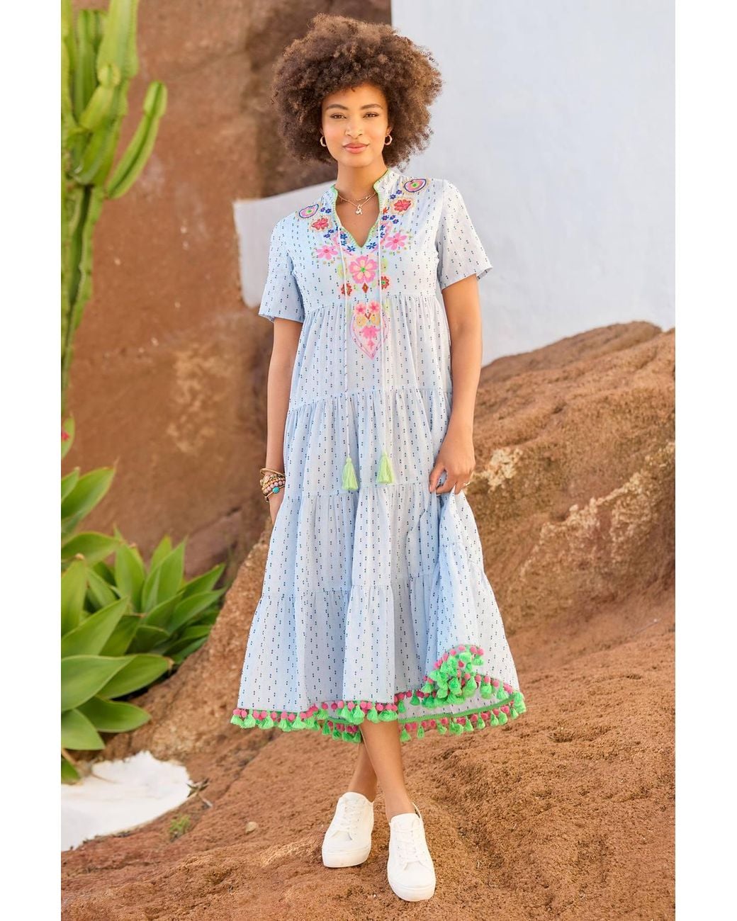 Joe Browns Blue Embroidered Midi Dress With Tie Neckline & Tassel Trim