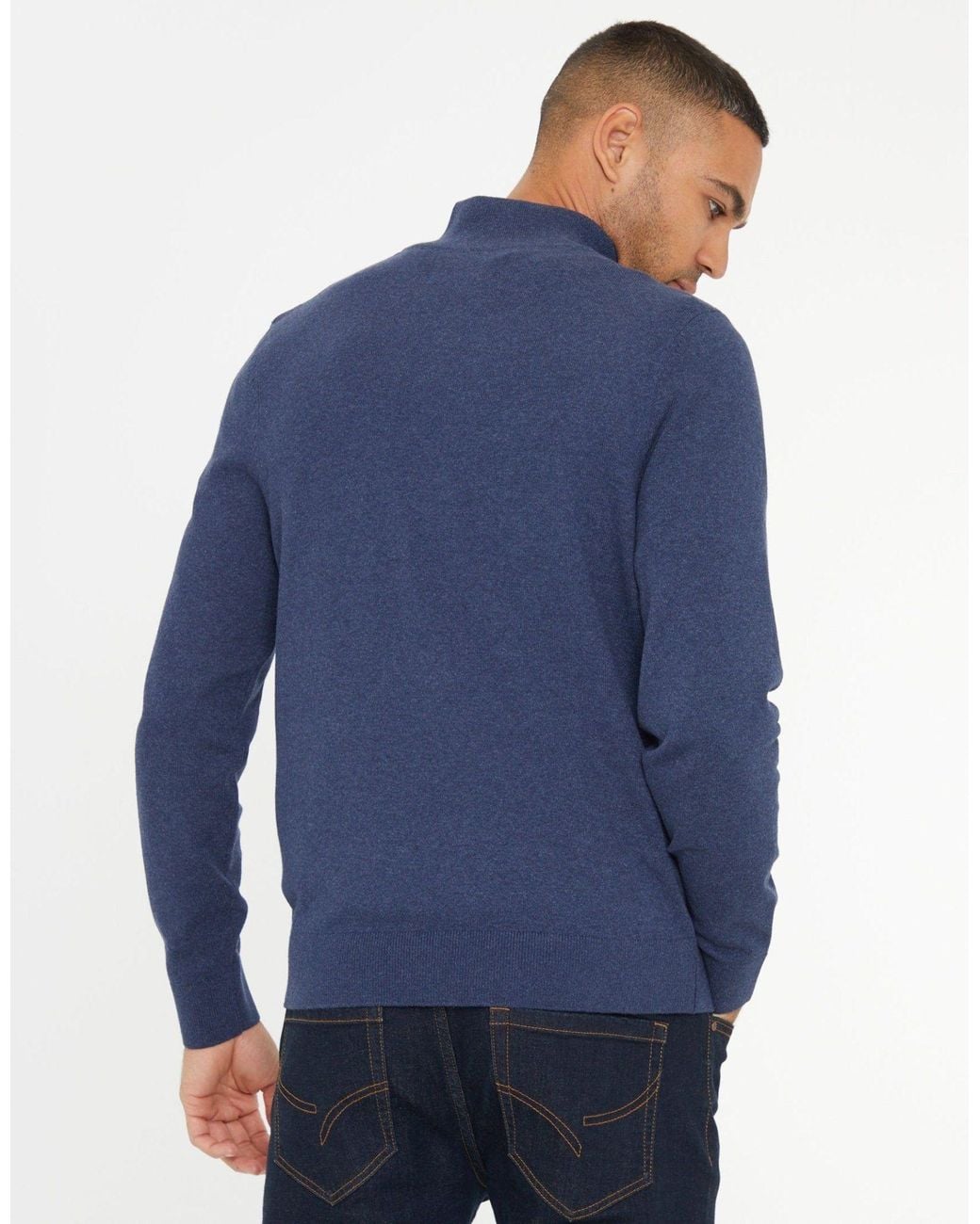 Threadbare Blue Rib Detail Knitted Quarter Zip Jumper for men