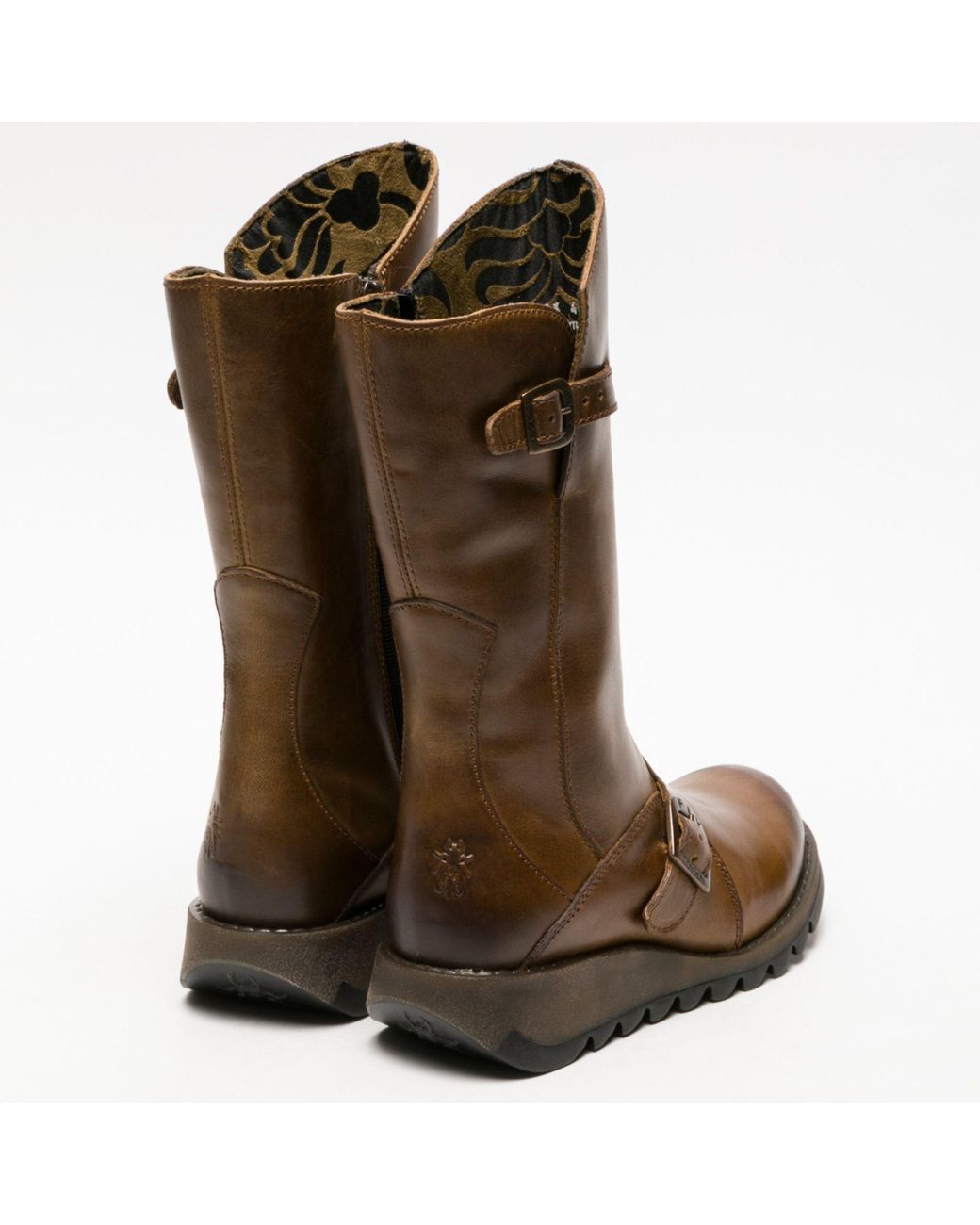 TruClothing Brown Wedge Heel Buckle Mid Calf Leather Boots