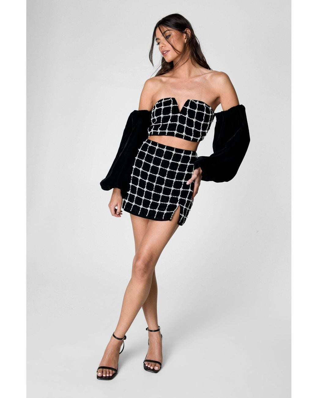 Nasty Gal Black Pearl Embellished Velvet Bardot Top