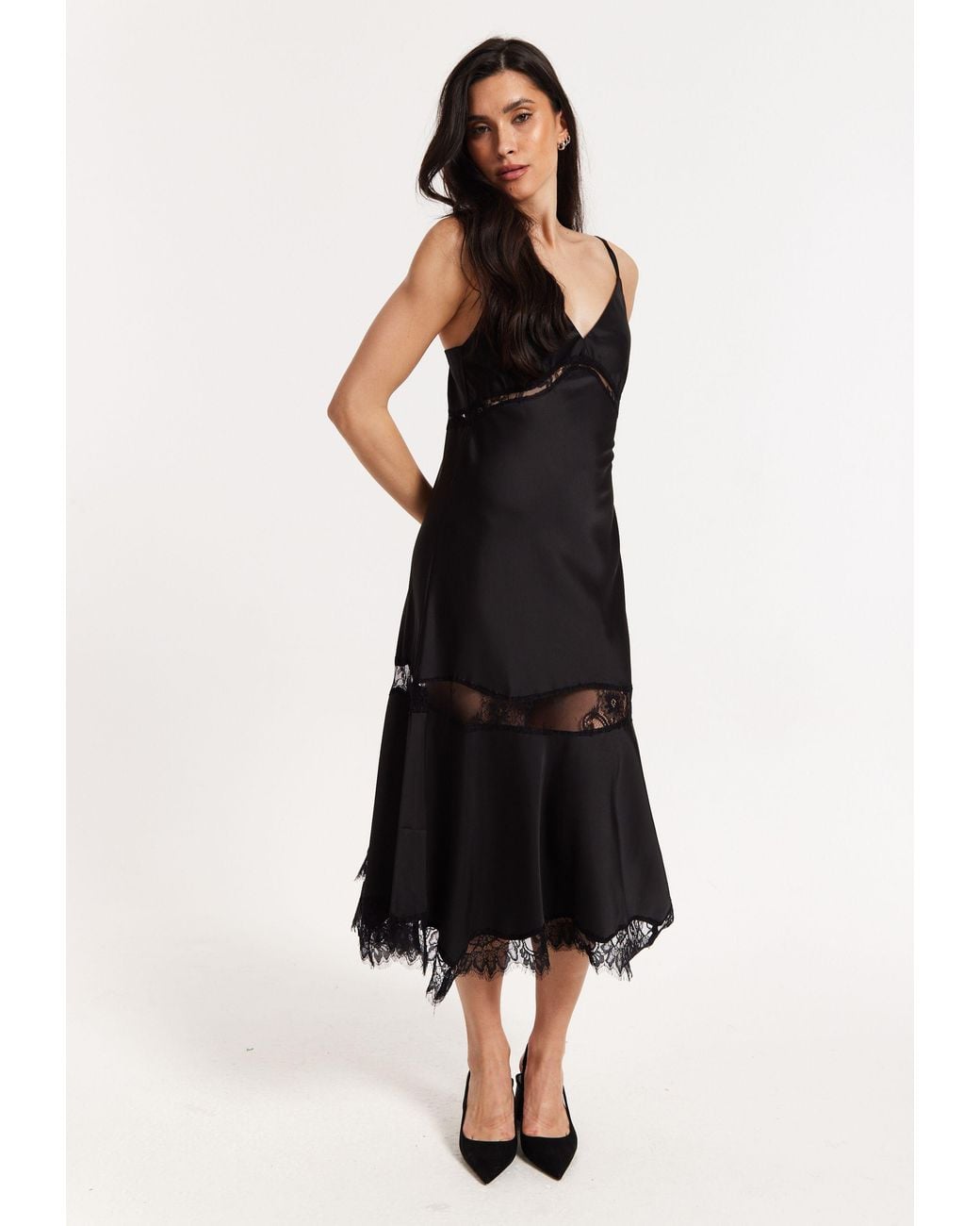 Liquorish Black Satin Lace Midi Slip Dress