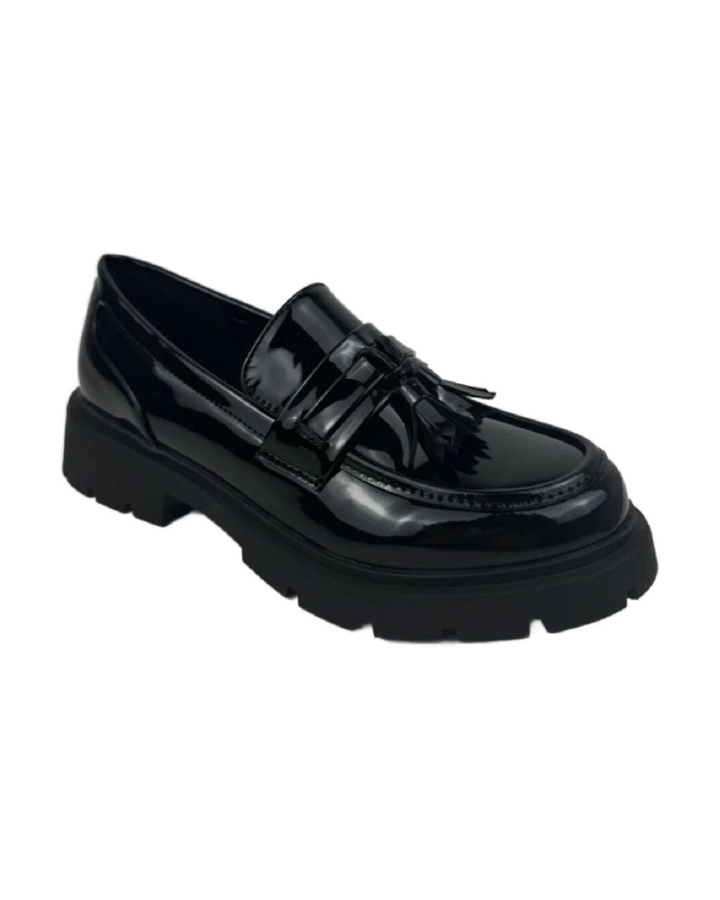 LARANGE Black Patent Slip On Chunky Flatform Loafer Shoes With Tassle