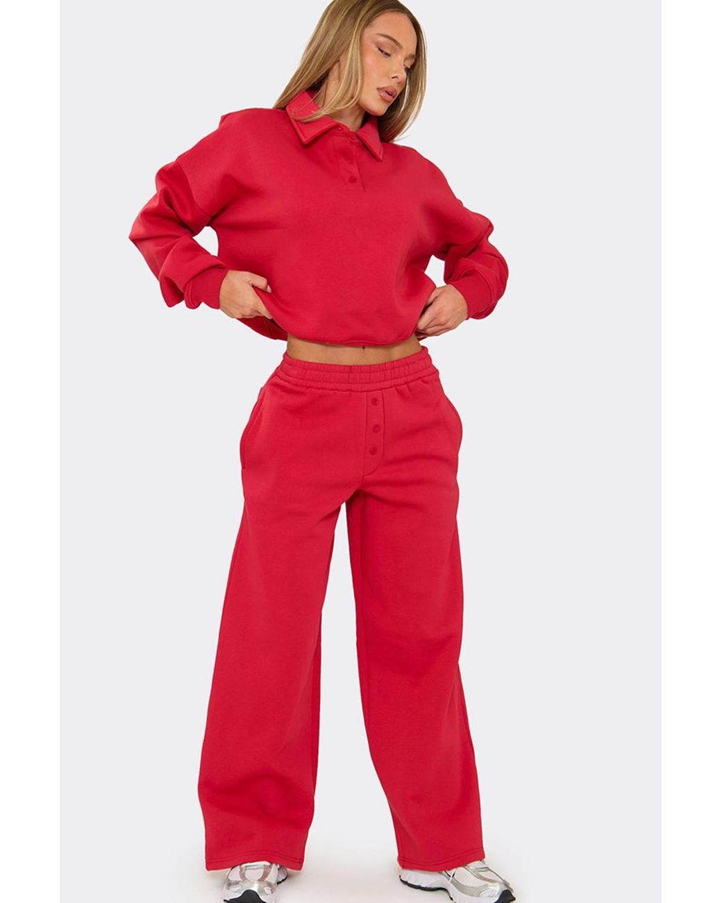 EGO Red Wide Leg Button Mid Rise Joggers