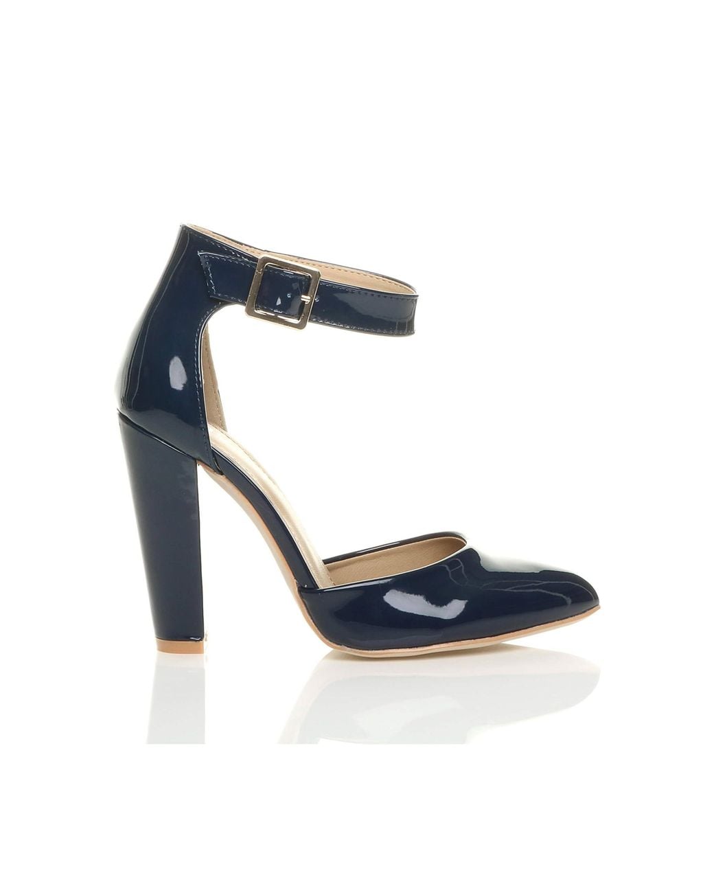 AJVANI Blue High Heel Ankle Strap Pointed Toe Patent Court Shoes