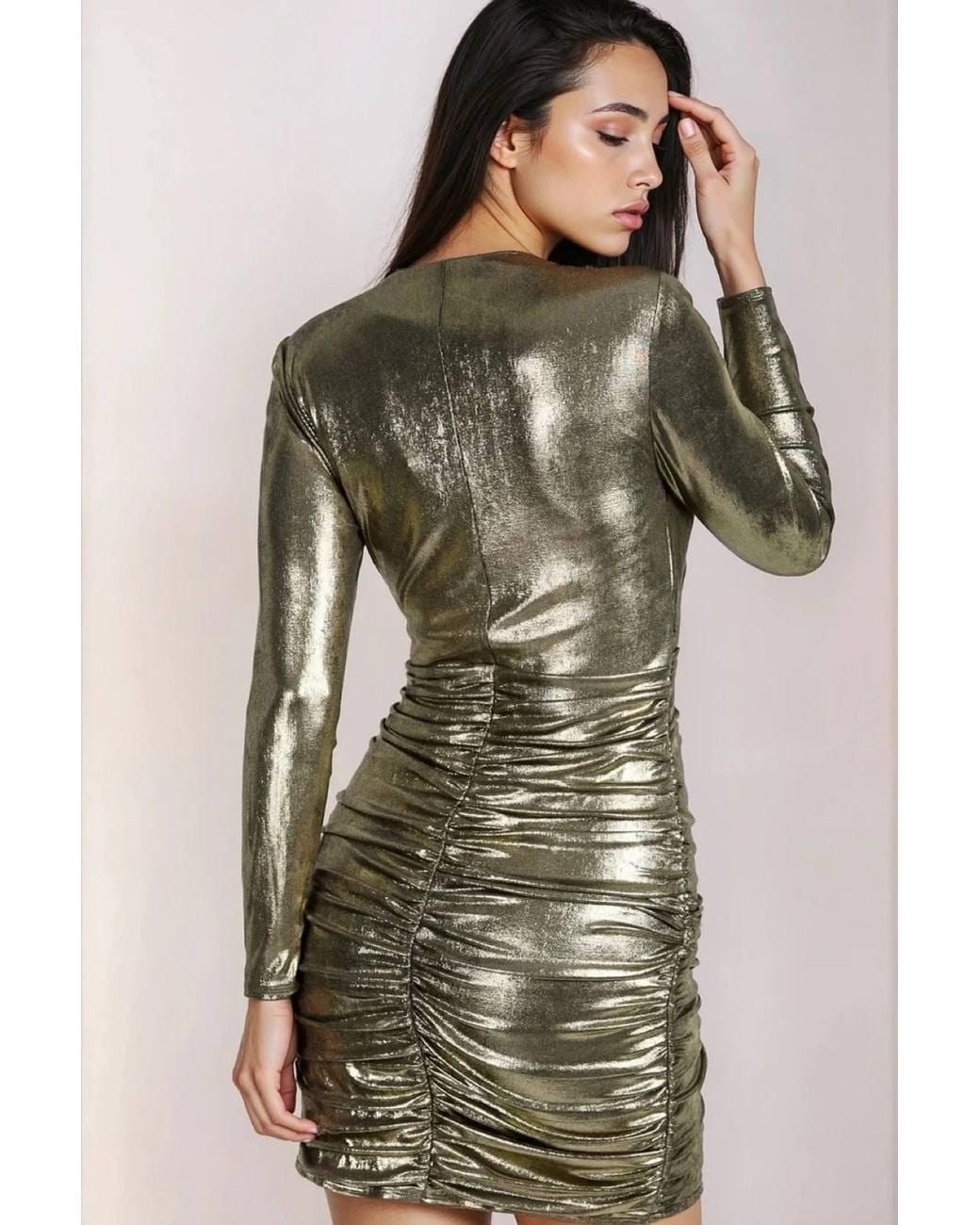 Little Mistress Metallic Foil Draped Plunge Mini Dress