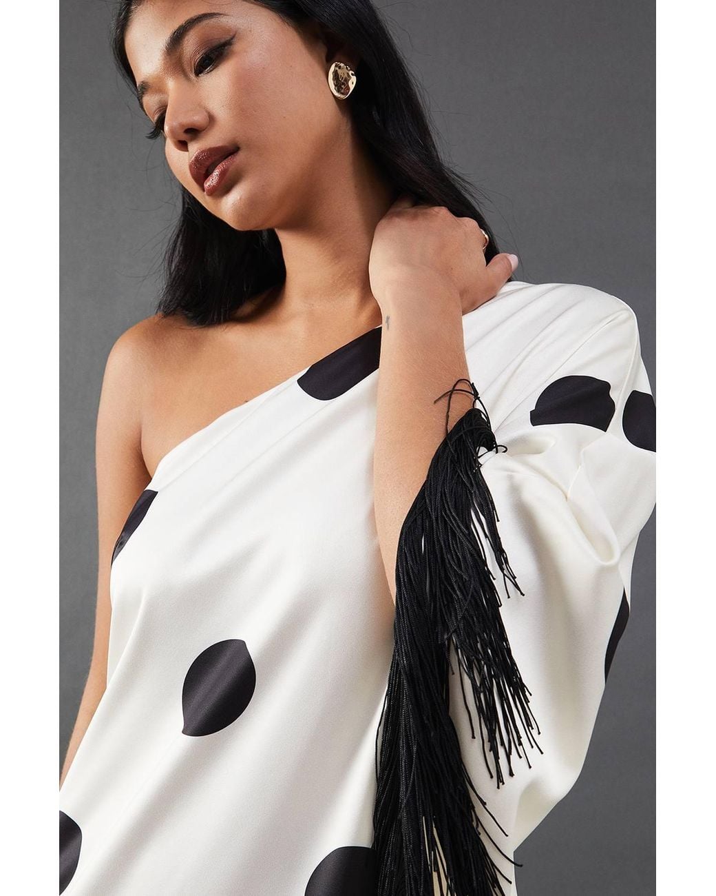 Warehouse Gray Premium Fringe Trim One Shoulder Midi Dress