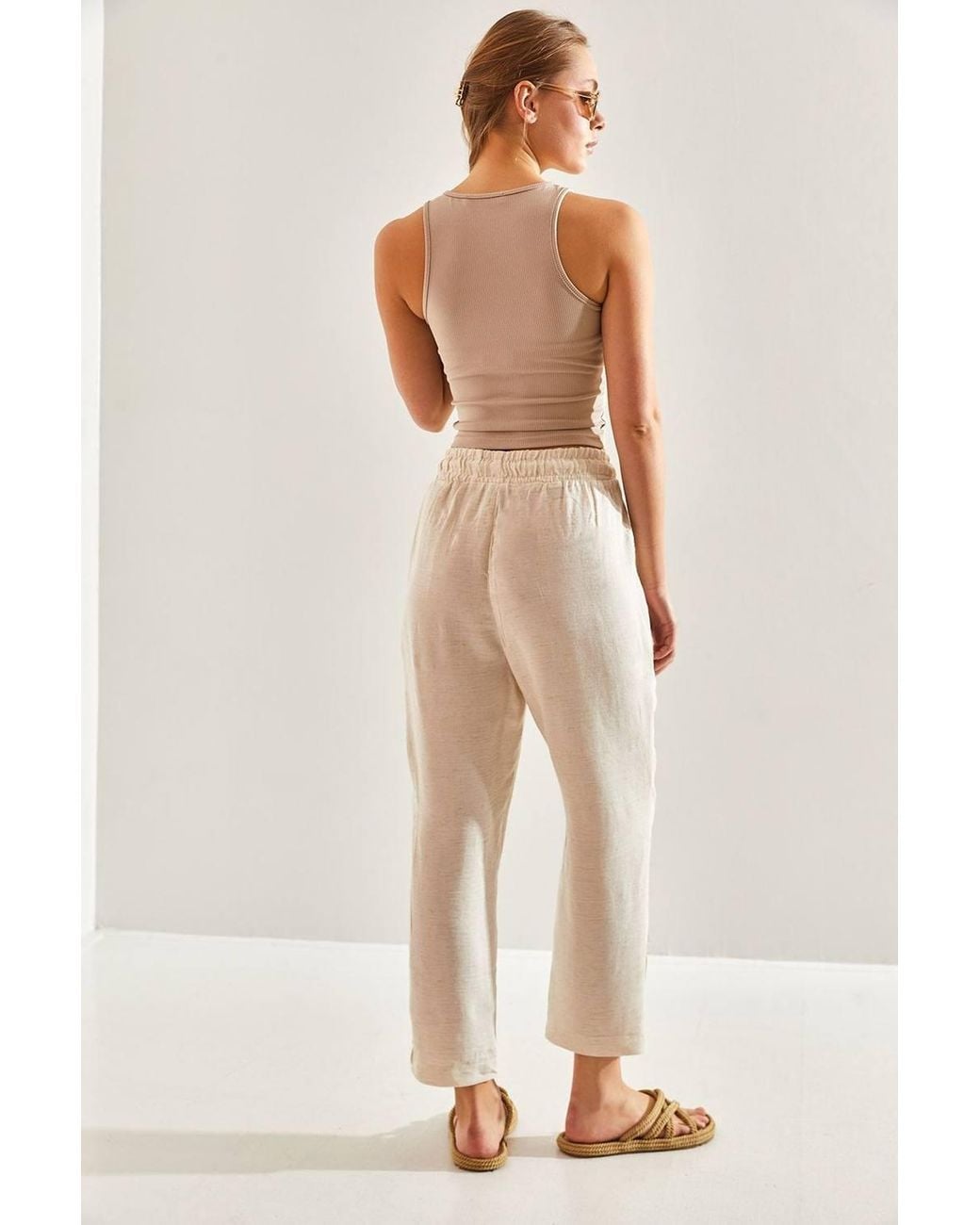 Bianco Lucci Natural Relaxed Fit Cotton Poplin Pants With Pocket