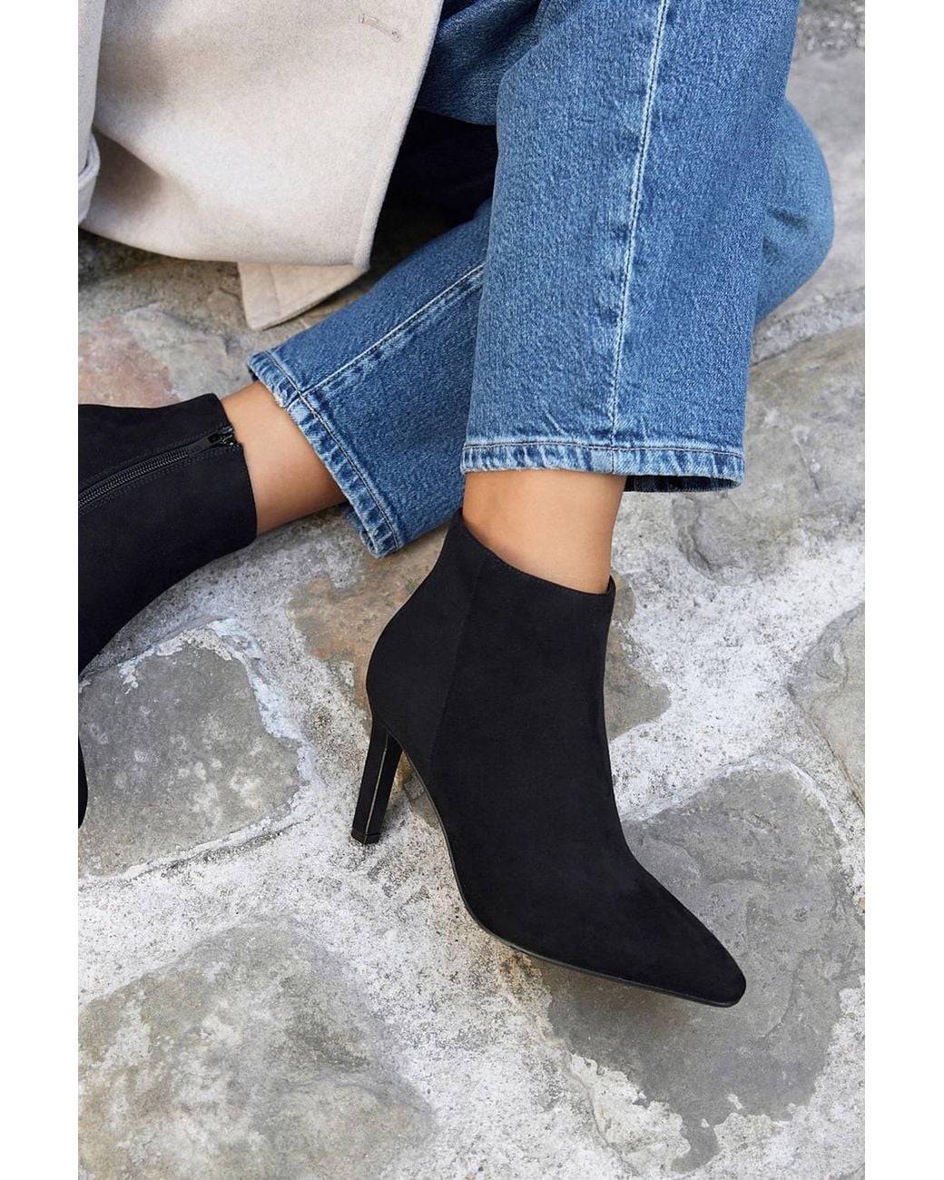 Linzi Black Handled Faux Suede Heeled Ankle Boots