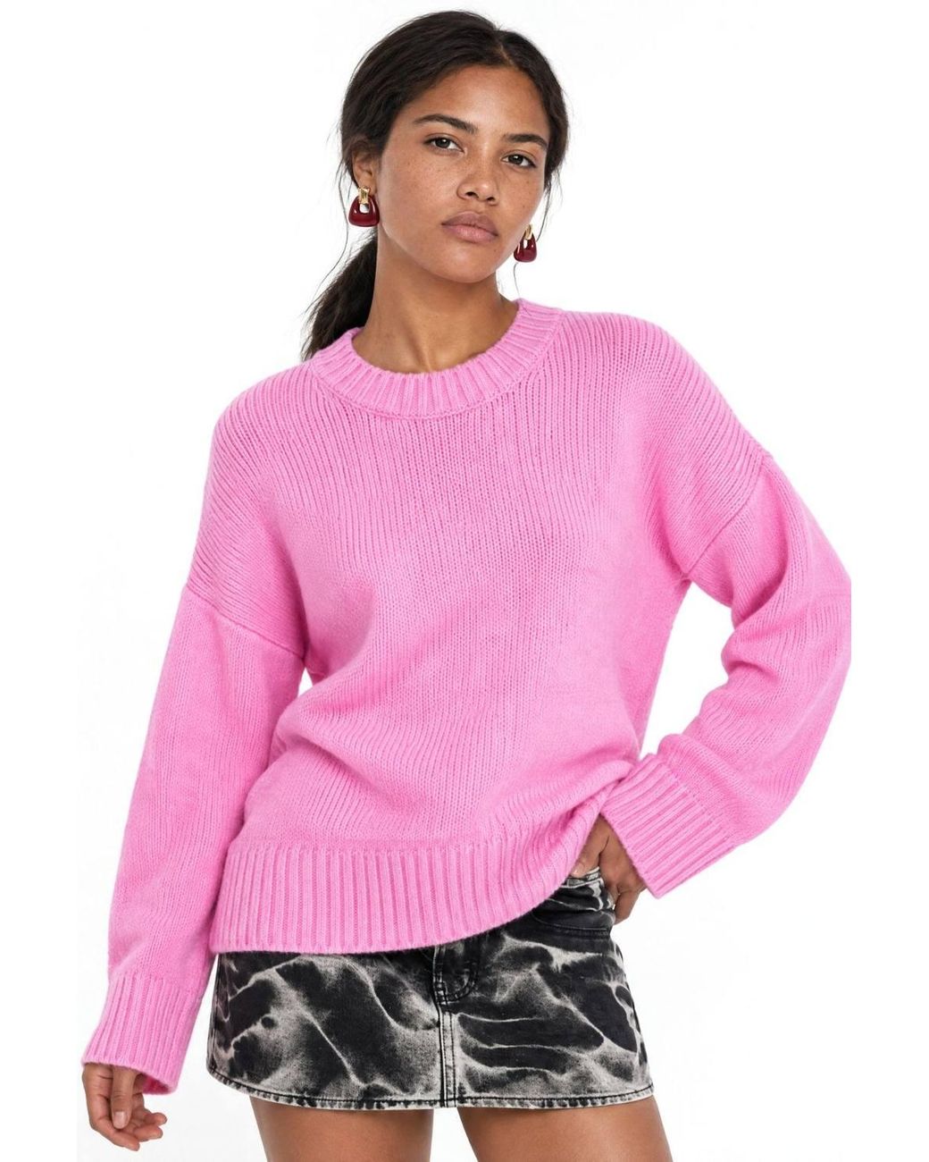 MixRay Pink Oversized Ribbed Knit Sweater With Crew Neck